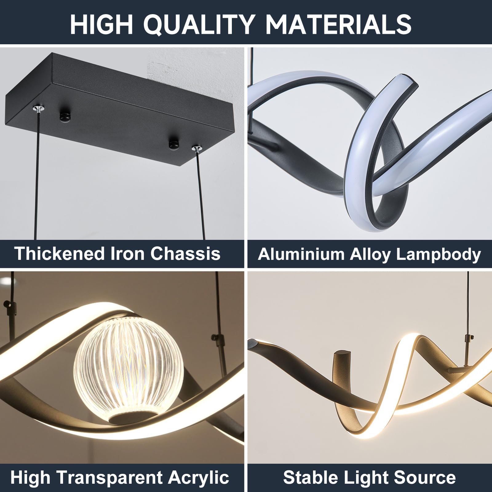 Oranoor Led Modern Chandeliers For Dining Room, 39In Dimmable Black Chandelier Kitchen Pendant Lighting Over Island, Linear Wave