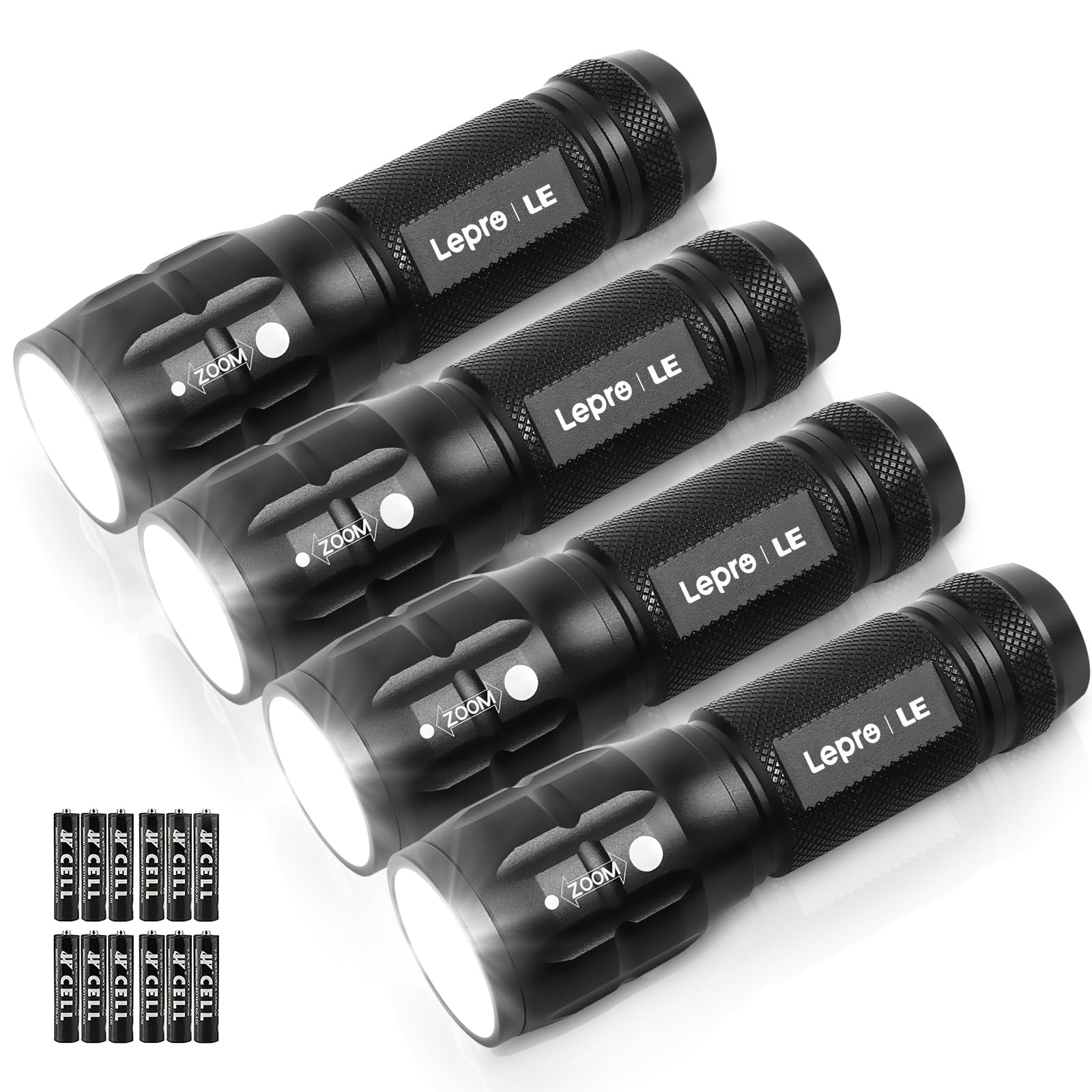 Lighting EVER LED Flashlights, High Lumens, Waterproof, Adjustable Focus, Small, Black, Model 1200012, 4 Pack