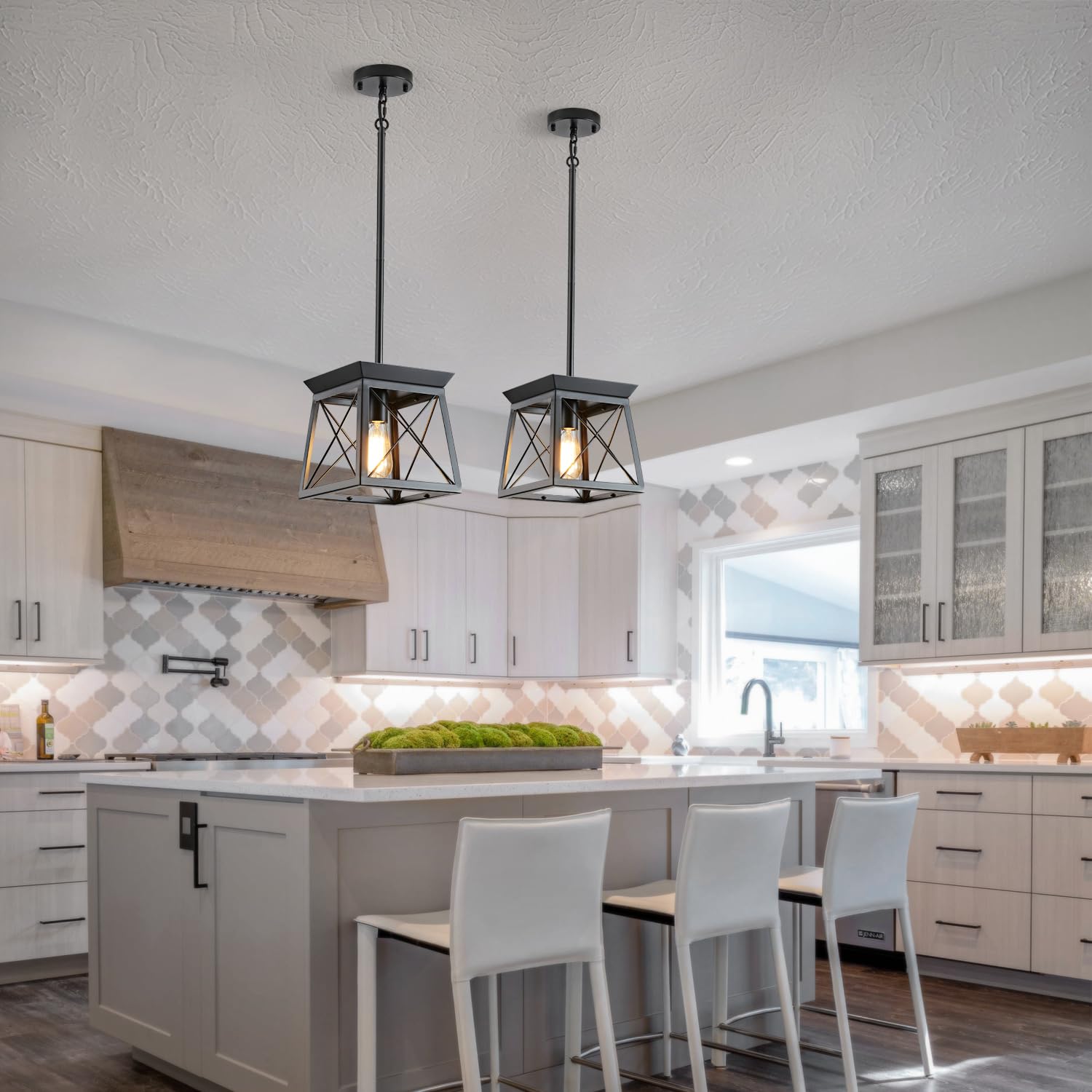 Huixute Black Farmhouse Pendant Lights, Industrial Kitchen Island Lighting, Rectangle Linear Cage Chandeliers For Kitchen, Dinin