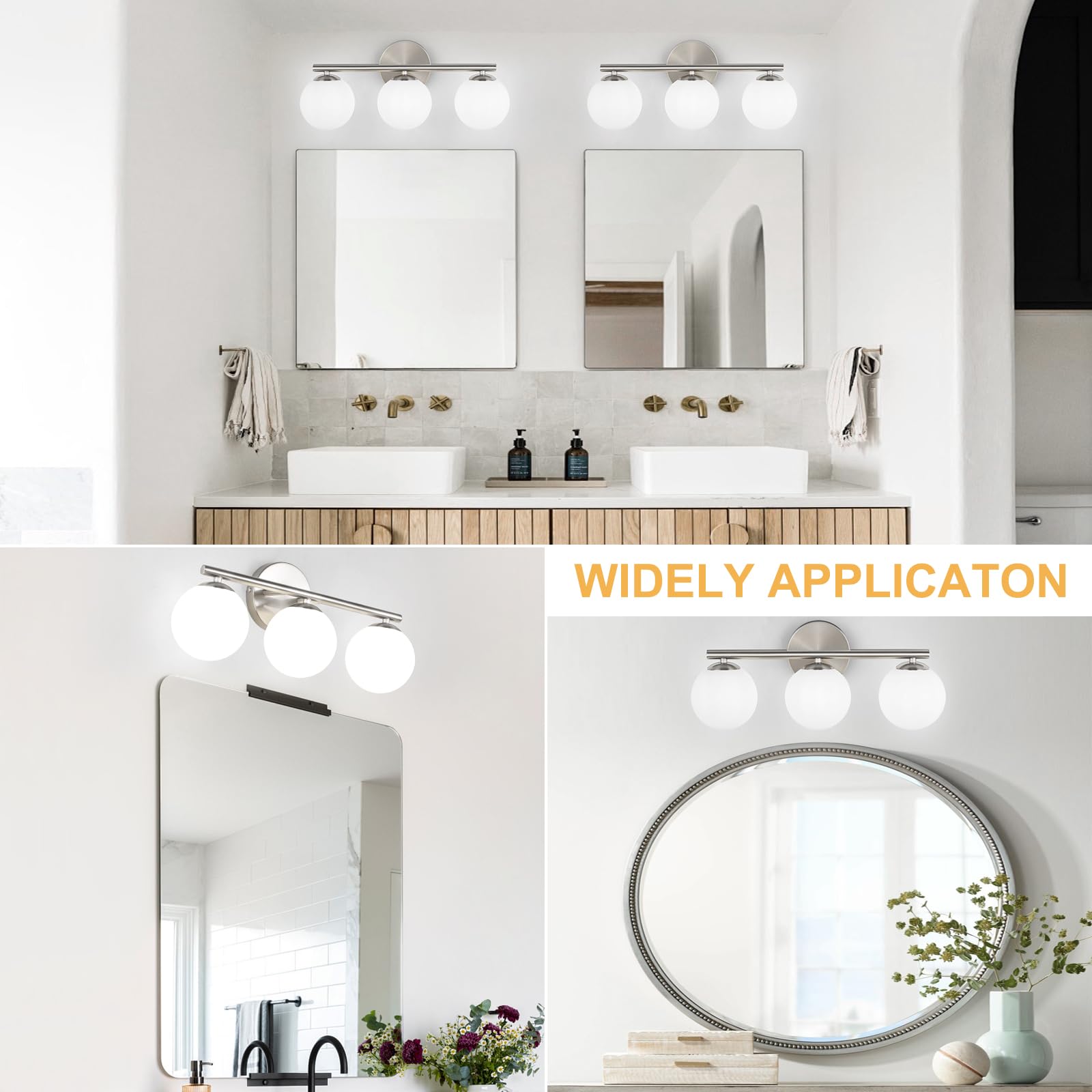 foucasal 3-Light Brushed Nickel Bathroom Vanity Light Fixture - 11.81" Globe Shades, Metal and Plastic, Model ULYQBD47-3C