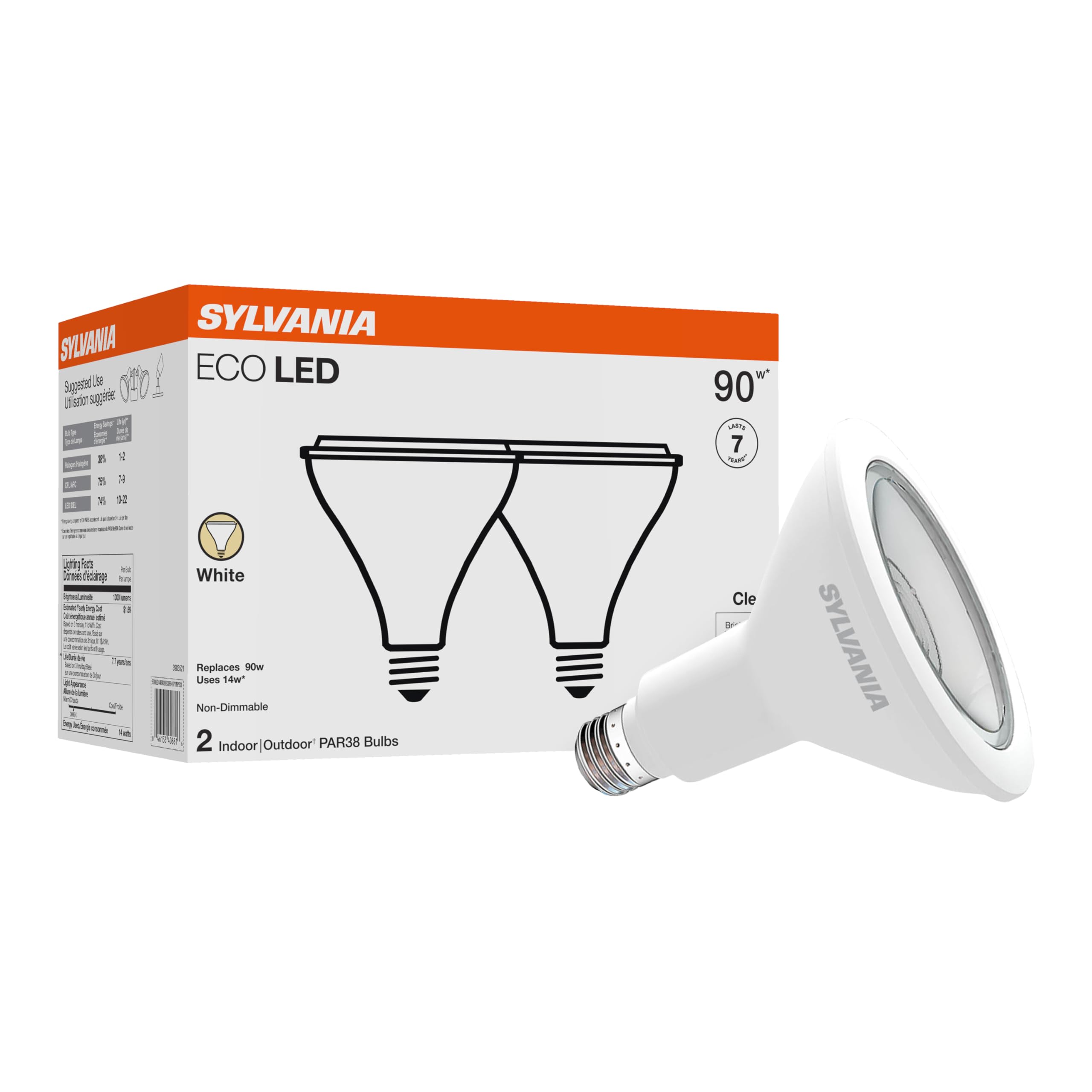 Sylvania Eco Led Par38 Light Bulb, 90W = 14W, 7 Year, Non-Dimmable, 1000 Lumens, Clear, 3000K, White - 2 Pack (40881)