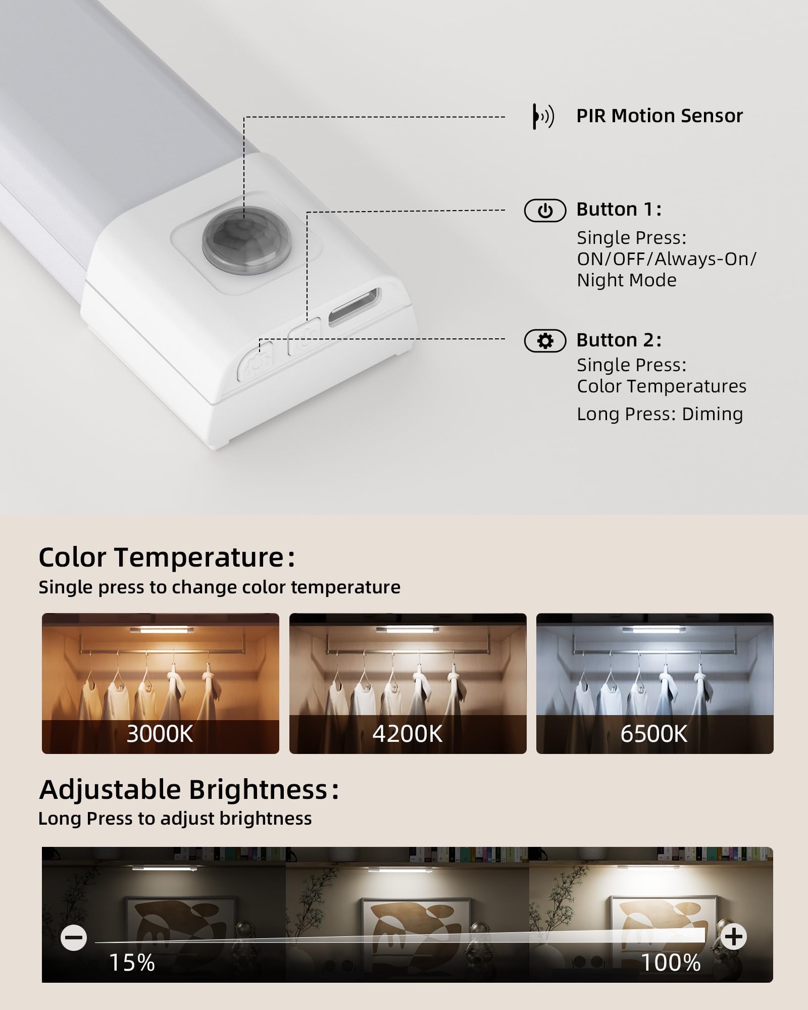 Ezvalo Under Cabinet Lighting, 50 Led Rechargeable Under Cabinet Lights Wireless, 3 Color Temps 11.8In Motion Sensor Light Indoo