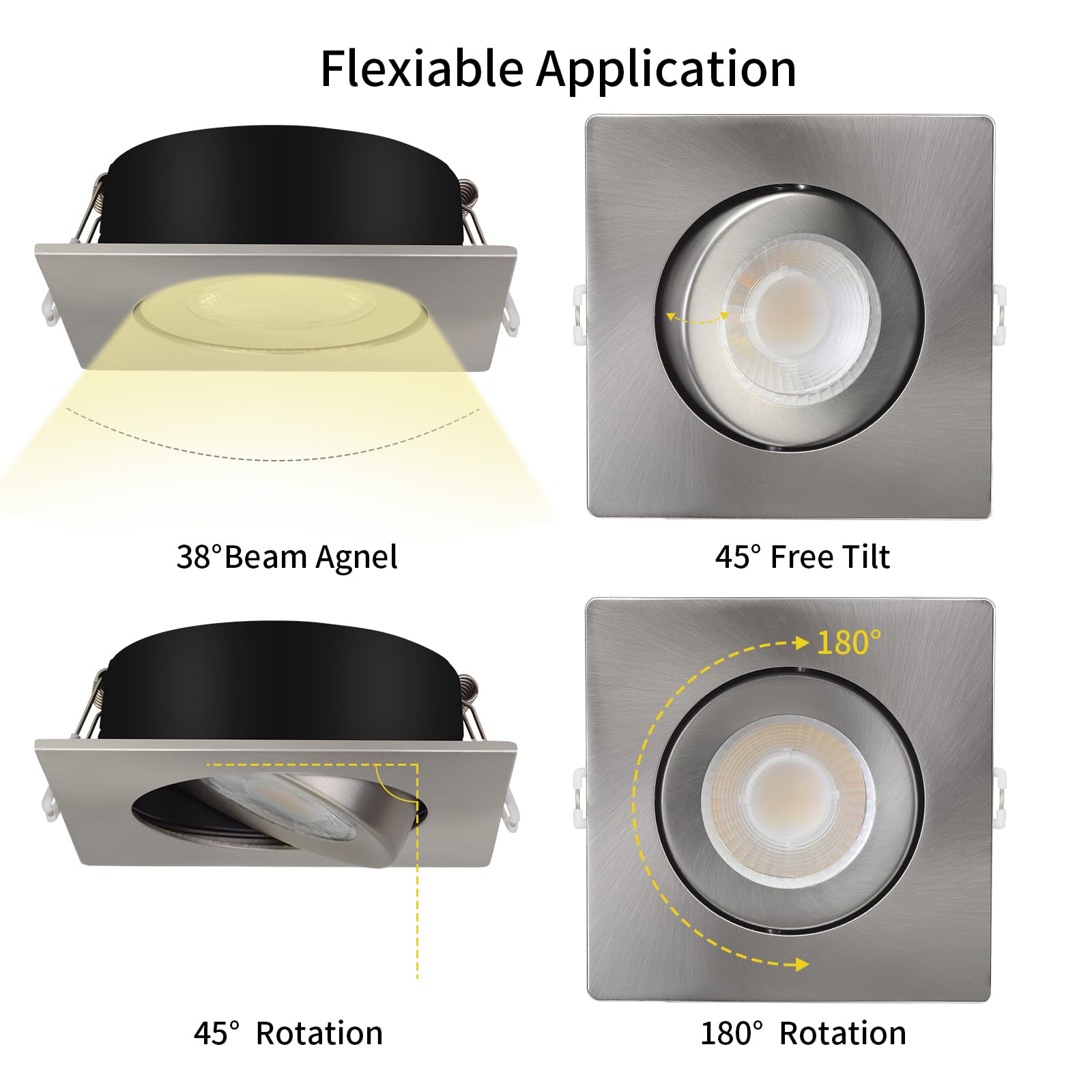 KnLnny Ware Brushed Nickel Square Recessed Lights, Dimmable, 9W 750LM, 5CCT Selectable, 4 Inch, 6 Pack
