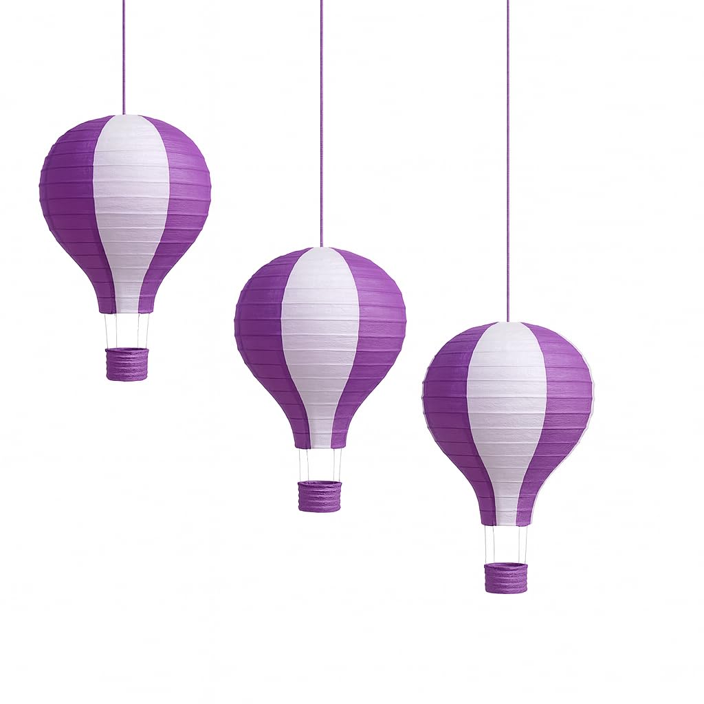 Pack Of 3 Stripy Hot Air Balloon Paper Lantern Wedding Party Decoration Craft Lamp Shade (Purple, 14'' (35Cm))