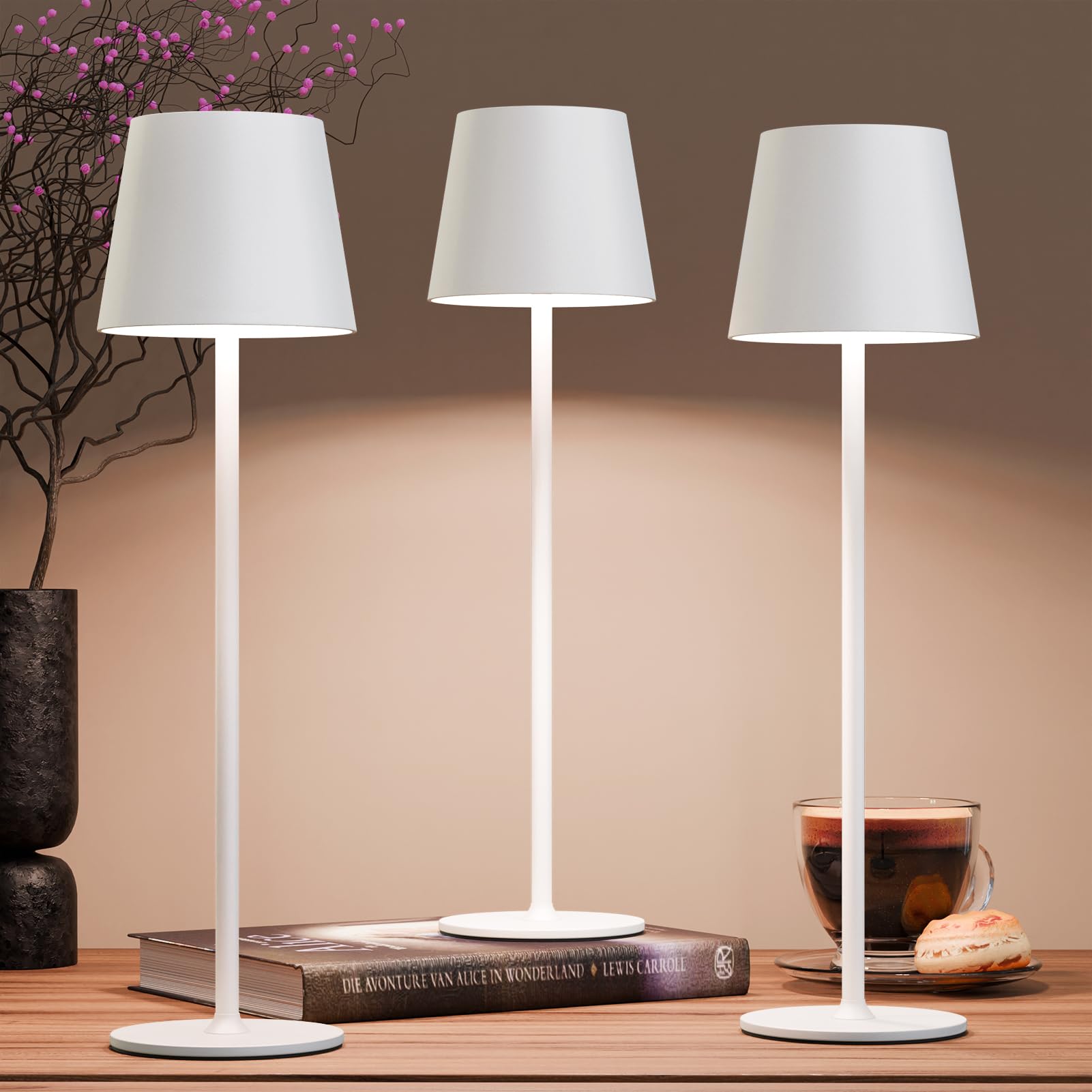 Uuffoo 3 Pack Rechargeable Table Lamp Battery Operated Cordless Table Lamps With 3 Colors Stepless Dimming, Desk Night Light For