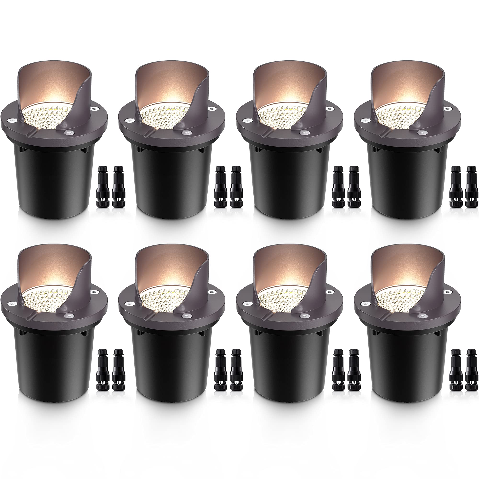 SUNVIE 12W Low Voltage LED Well Lights, Waterproof In-Ground Landscape Lighting, Warm White, 8 Pack with Wire Connectors