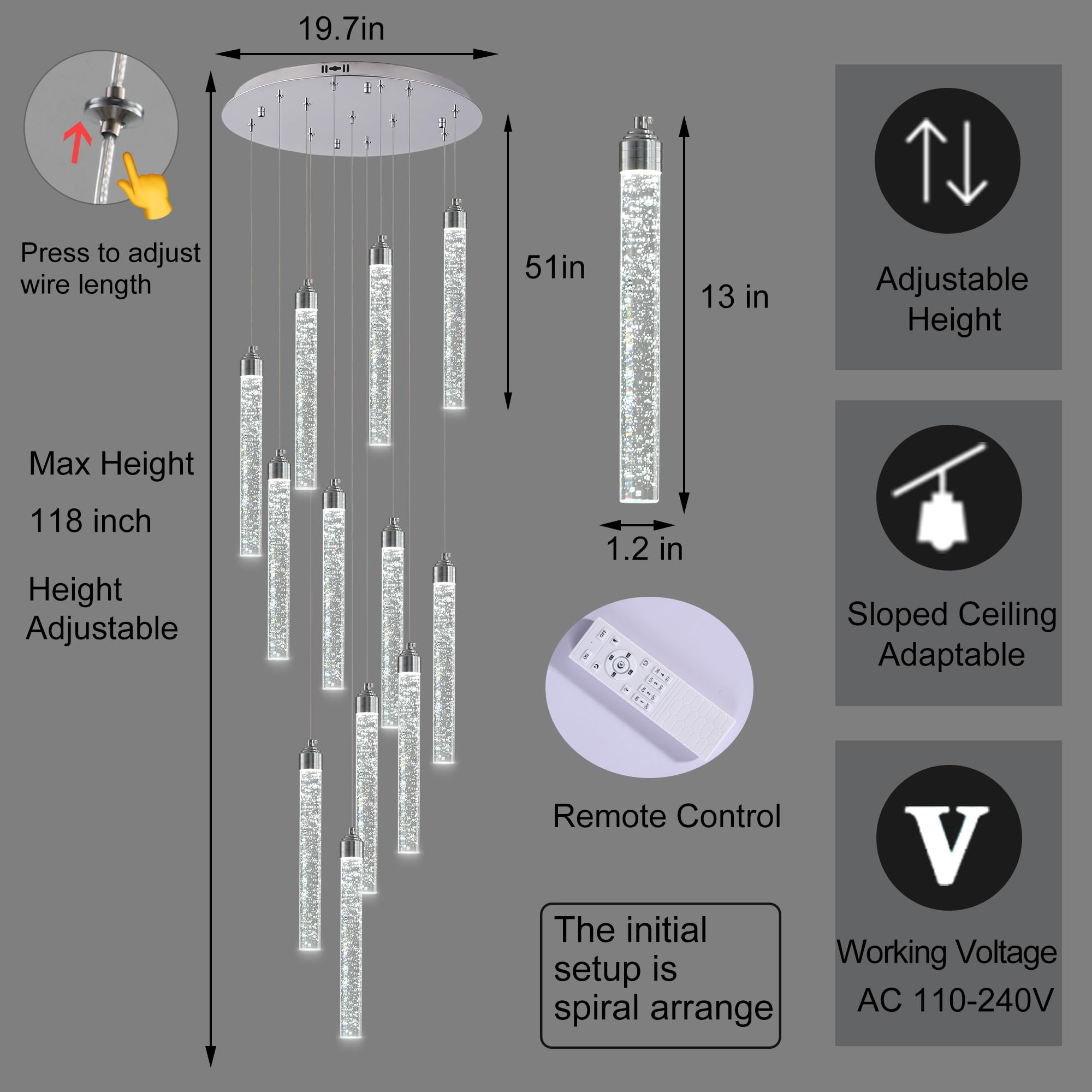 YwueChwu 12-Lights High Ceiling Crystal Staircase Chandelier Chrome, Modern Spiral Raindrop Dimmable LED Bubble Cluster Ceiling