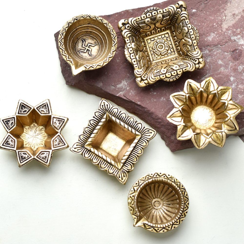 Indian-Shelf 6 Pieces Diya Brass Oil Lamp Traditional Indian Deepawali Housewarming Return Gift Items for New Home House