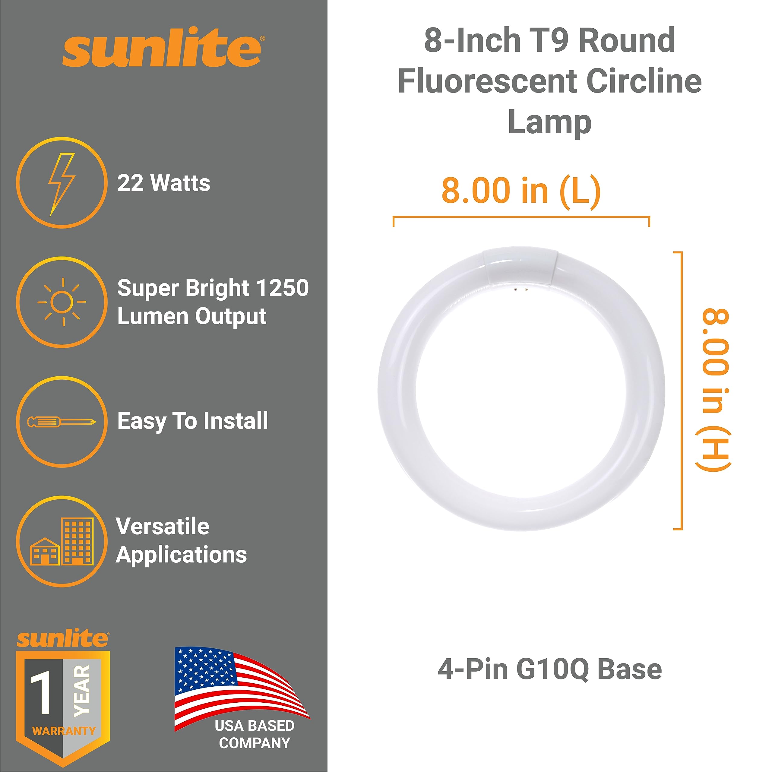 Sunlite 41316-Su Fc8T9 Circline Fluorescent Lamps, 8-Inch Size, 22 Watts, 1150 Lumens, 4-Pin Base (G10Q), 10,000 Life Hours, 41K - Cool White