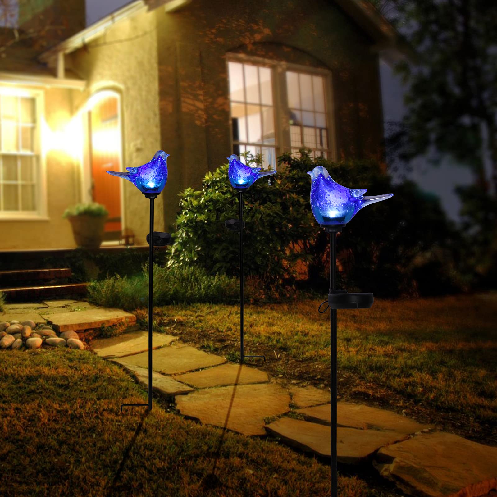 Afirst Bluebird Hand Blown Glass Garden Stake Lights - Waterproof Outdoor Decor