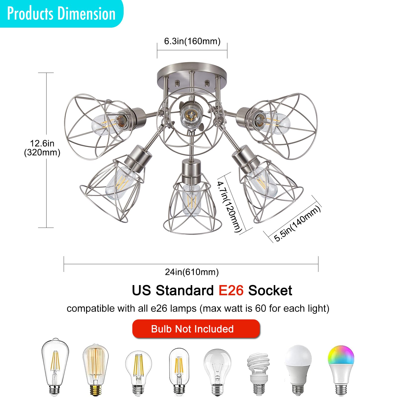Hdasic 6-Light Farmhouse Flush Mount Ceiling Light Fixture, Industrial Large 6-Bulb Brushed Nikcel Kitchen Lighting Fixtures Cei