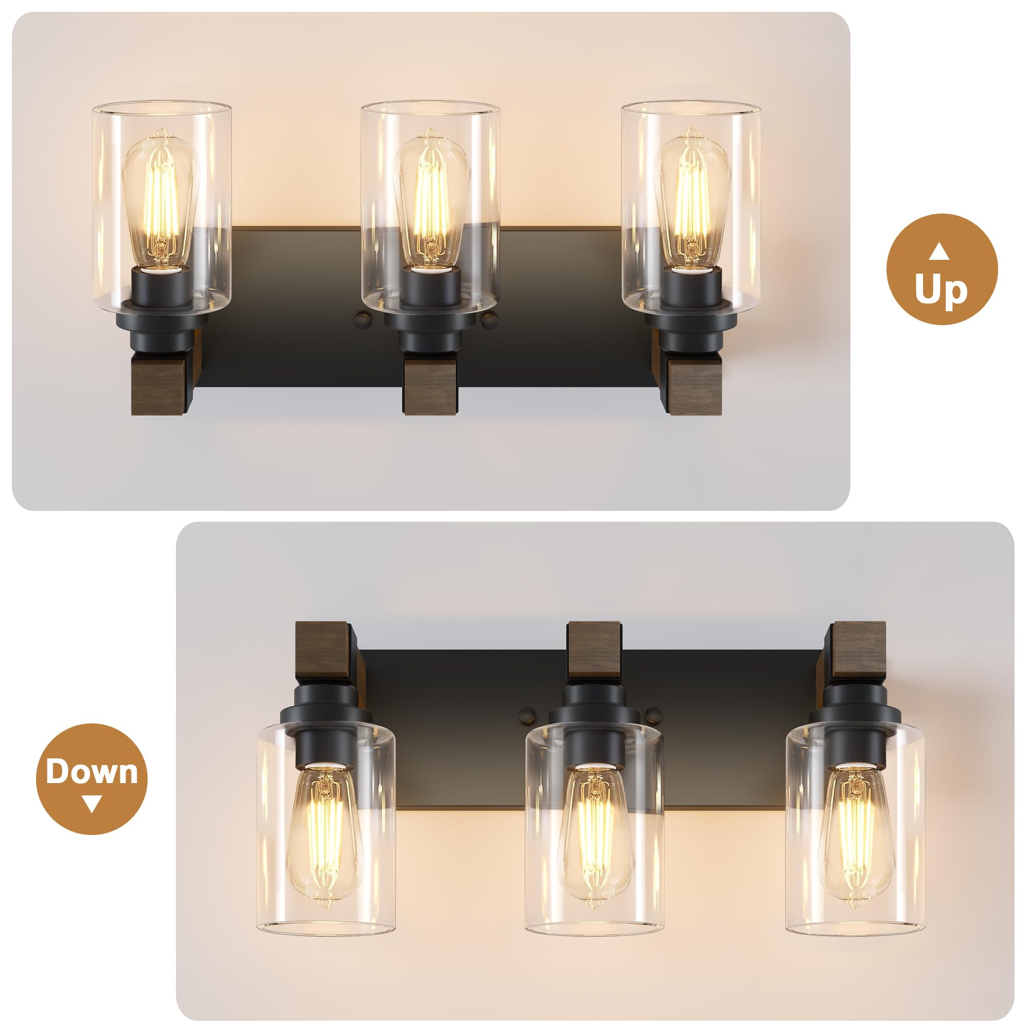DvmTeom 3-Light Rustic Bathroom Vanity Light, Black & Wood, Vintage Glass Shade, Model D6005