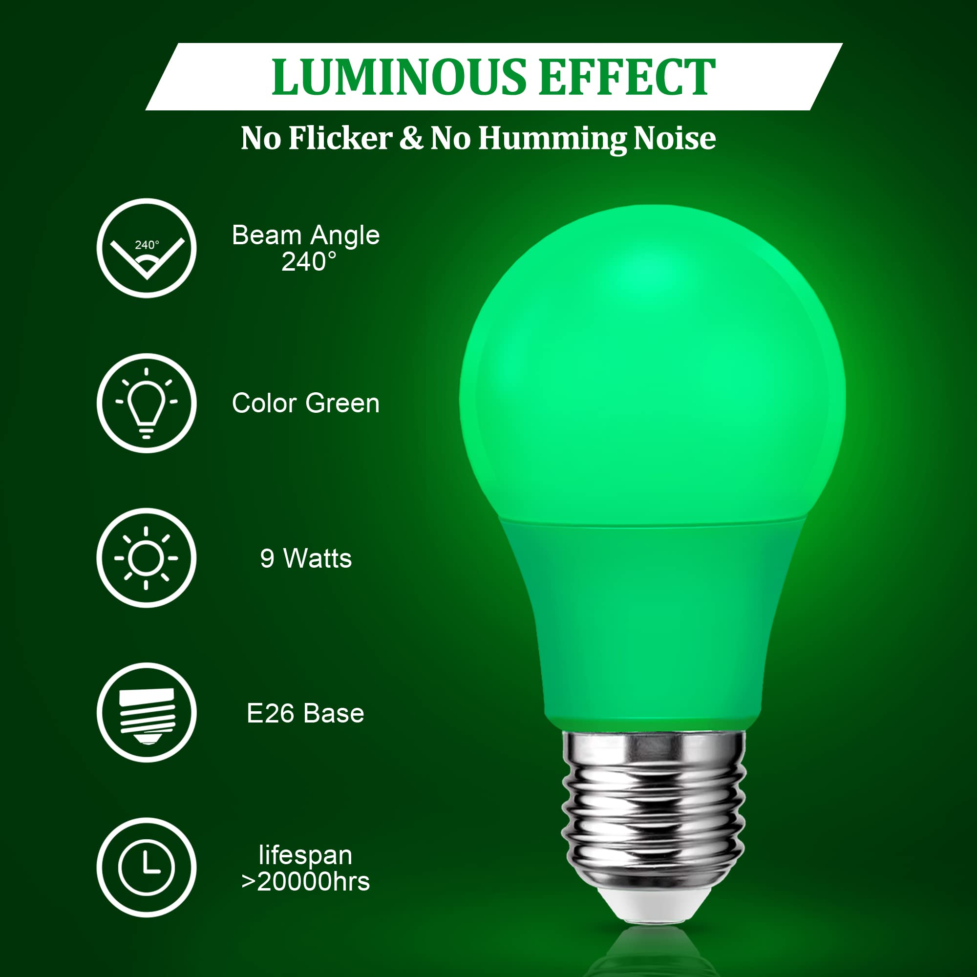 Flaspar 4 Pack A19 Led Green Light Bulb  9W (60Watt Green Colored Light Bulbs Equivalent)  E26 Base Led Green Lights For Christmas Halloween Light Bulb  Party  Porch  Home Lighting  Holiday Lighting