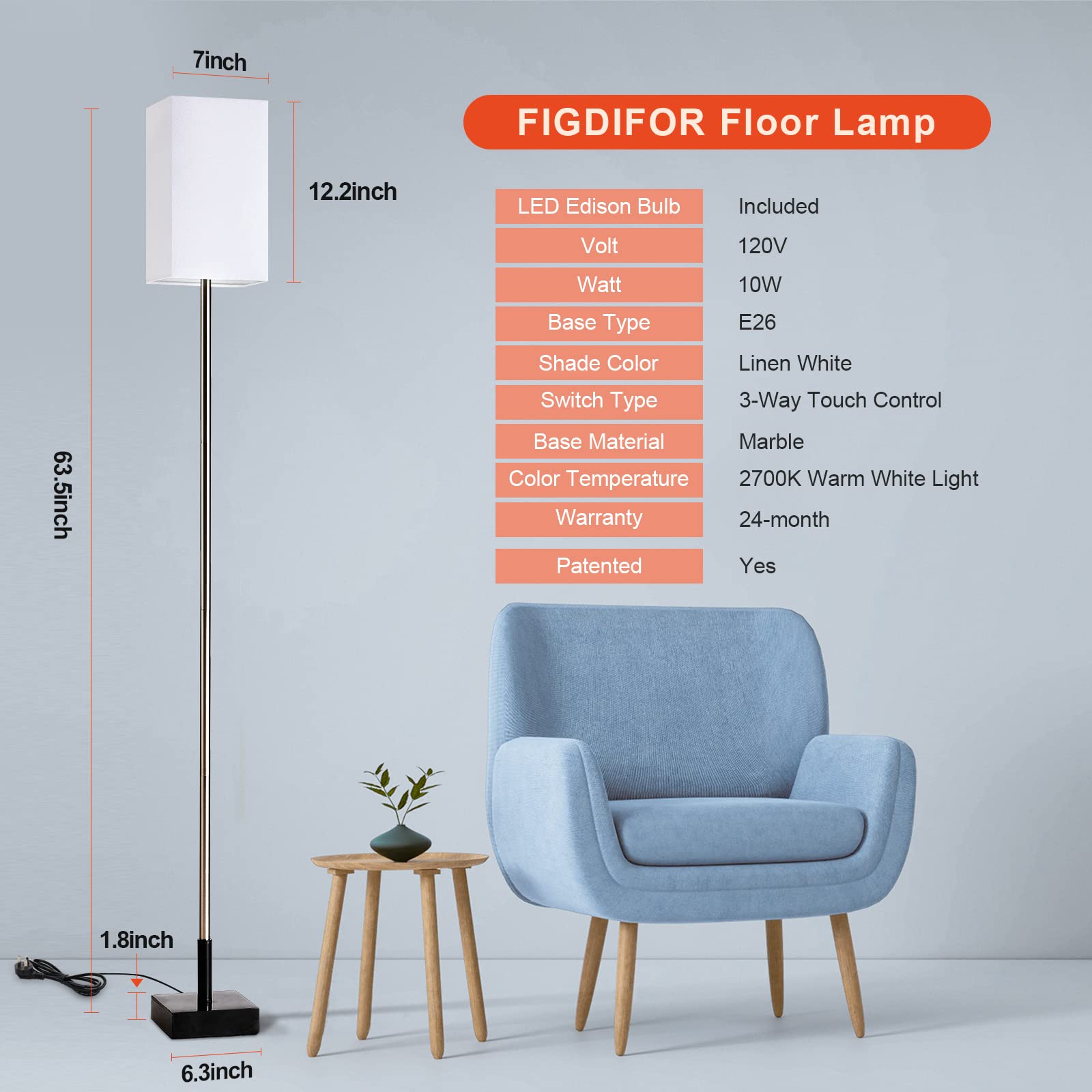 FIGDIFOR Floor Lamp - 3-Way Touch Control, Dimmable, Brushed Nickel, Marble Base, Linen Shade, Model FL-211008, LED Bulb Included