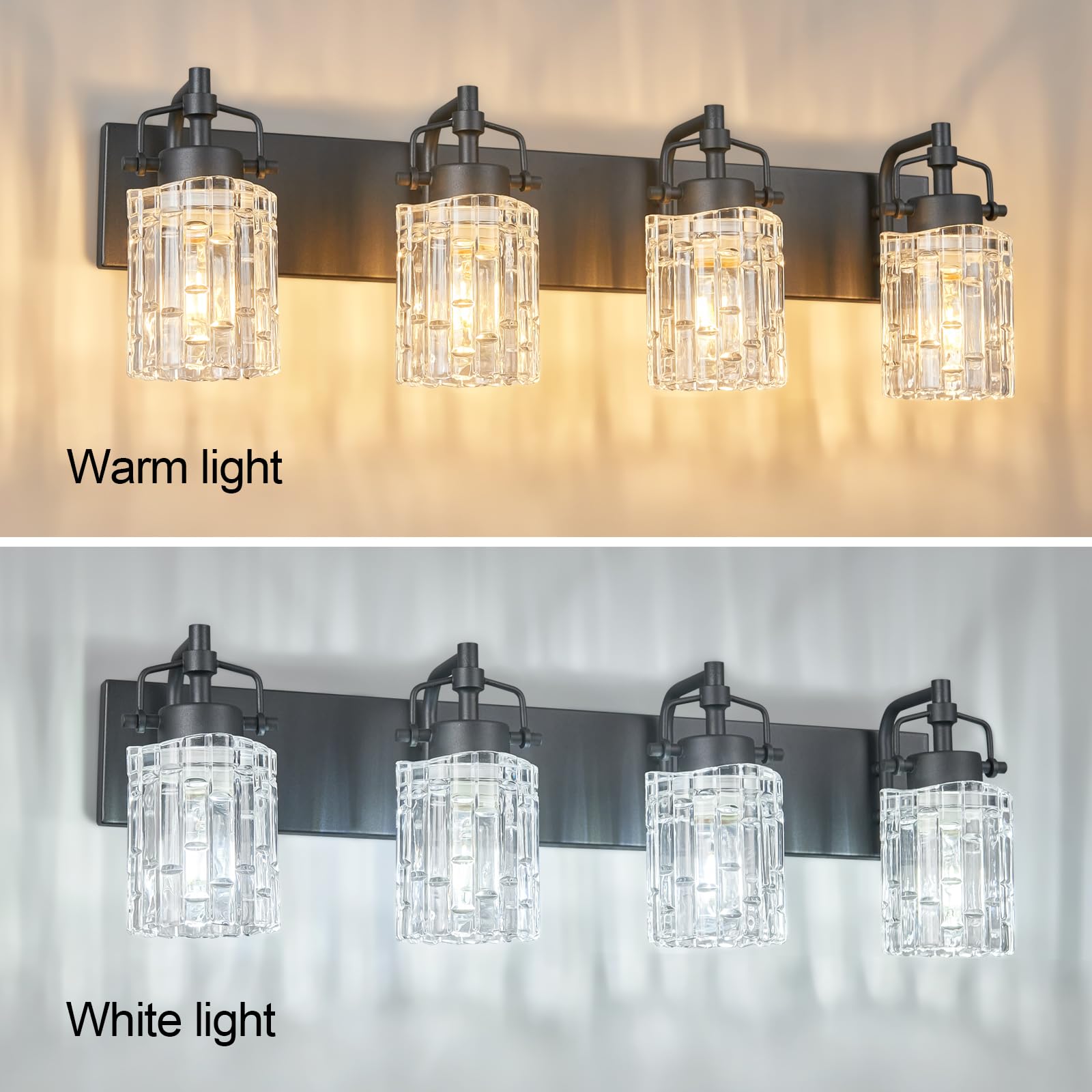 BNHHLZ Modern 4-Light Vanity Light - Black Metal Fixture with Crystal Glass Shade, Model 4132