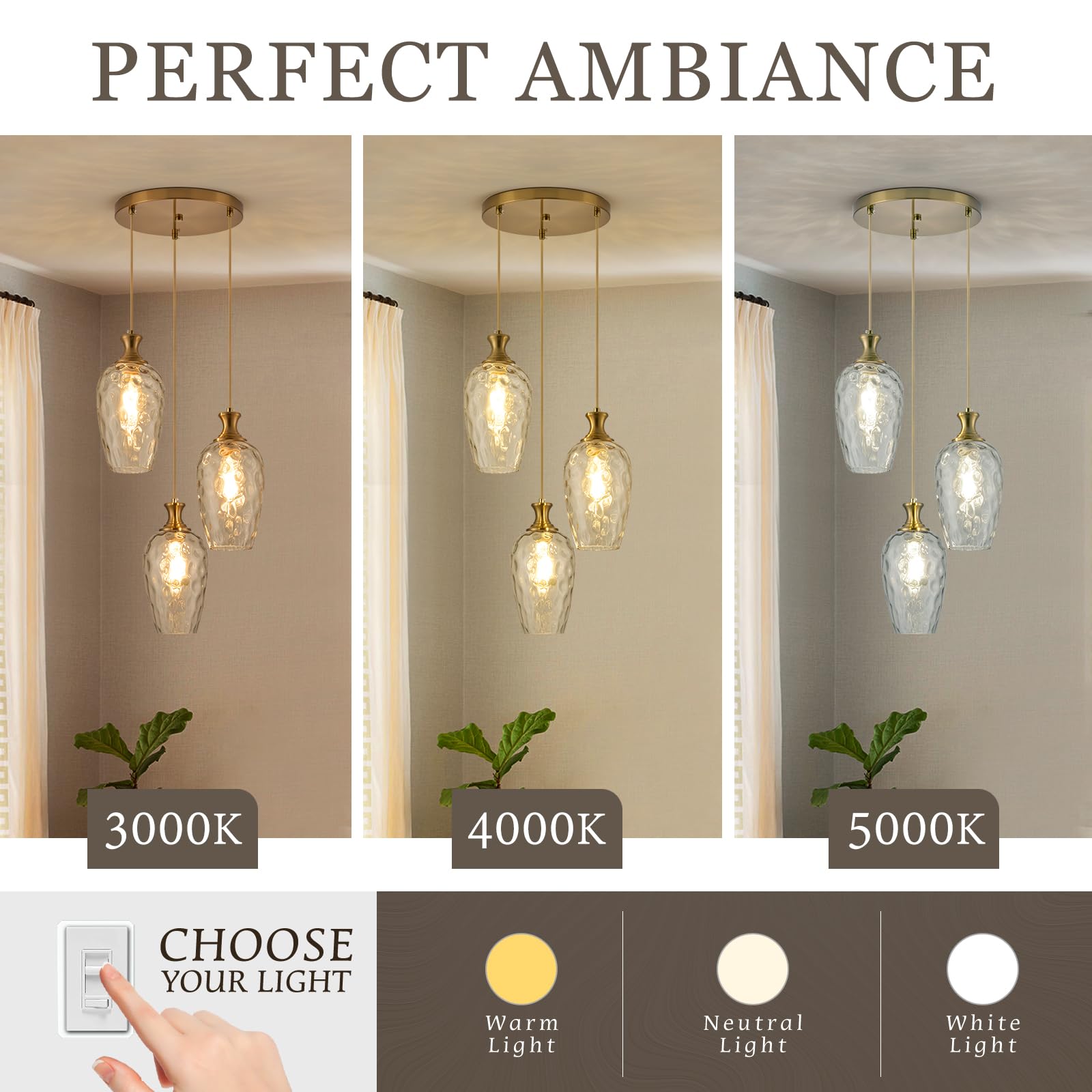 Saduenfr 3-Light Pendant Lighting  Modern Brushed Gold Dining Room Chandelier Light Fixture Over Table With Hammered Glass  Brass Cluster Hanging Lights For Kitchen Island Dining Room Bedroom  E26