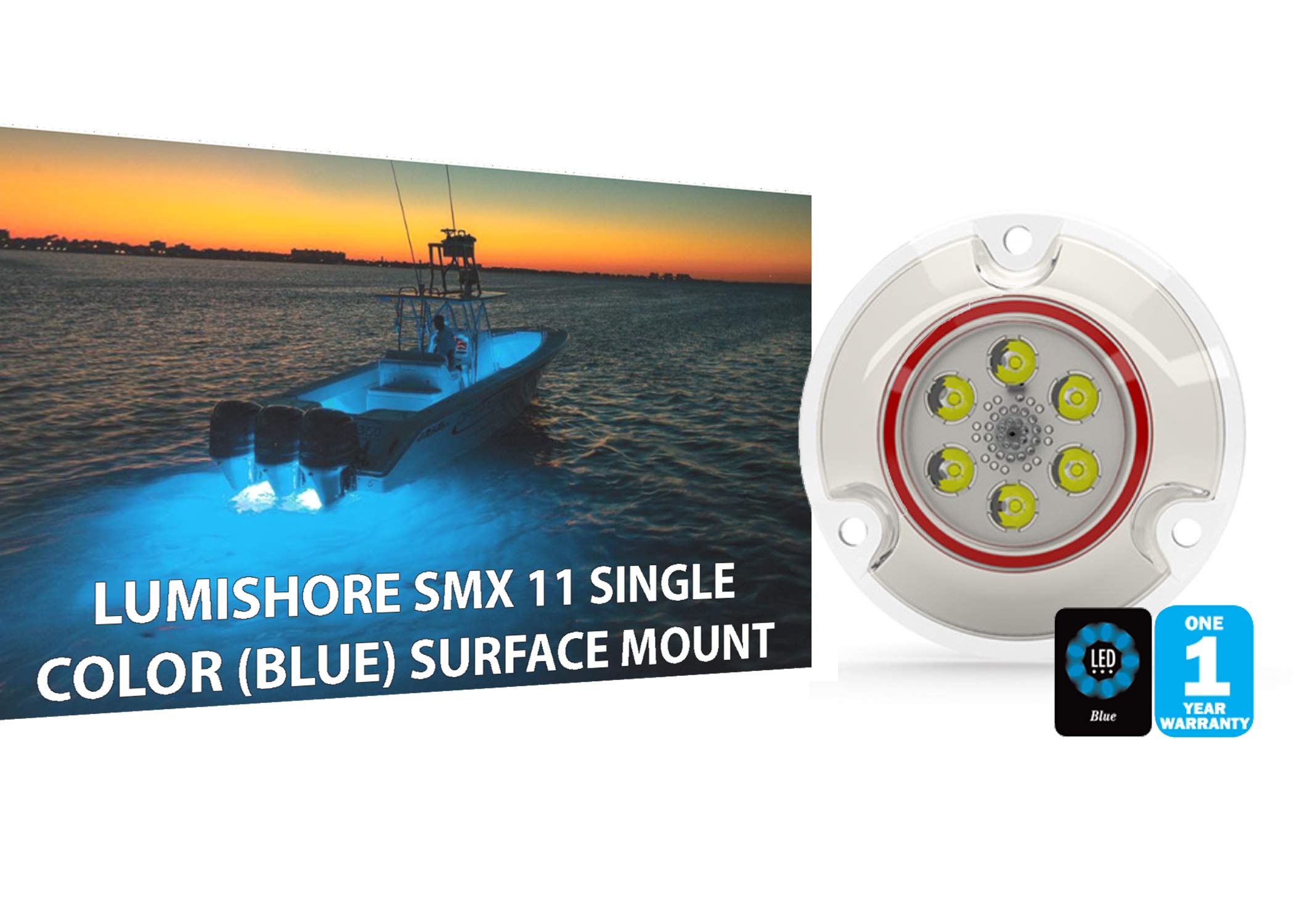 Lumishore Underwater LED Boat Light, Surface Mount, 12V, Blue, Marine Grade Polymer, Model 60-0154
