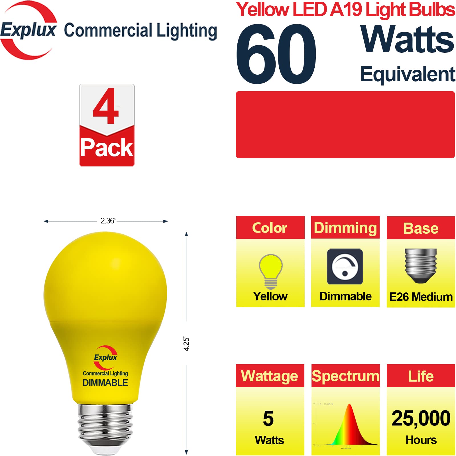 Explux Commercial Lighting Dimmable LED A19 Bulbs, 60W Equivalent, Shatter-resistant, Yellow Light, 4-Pack