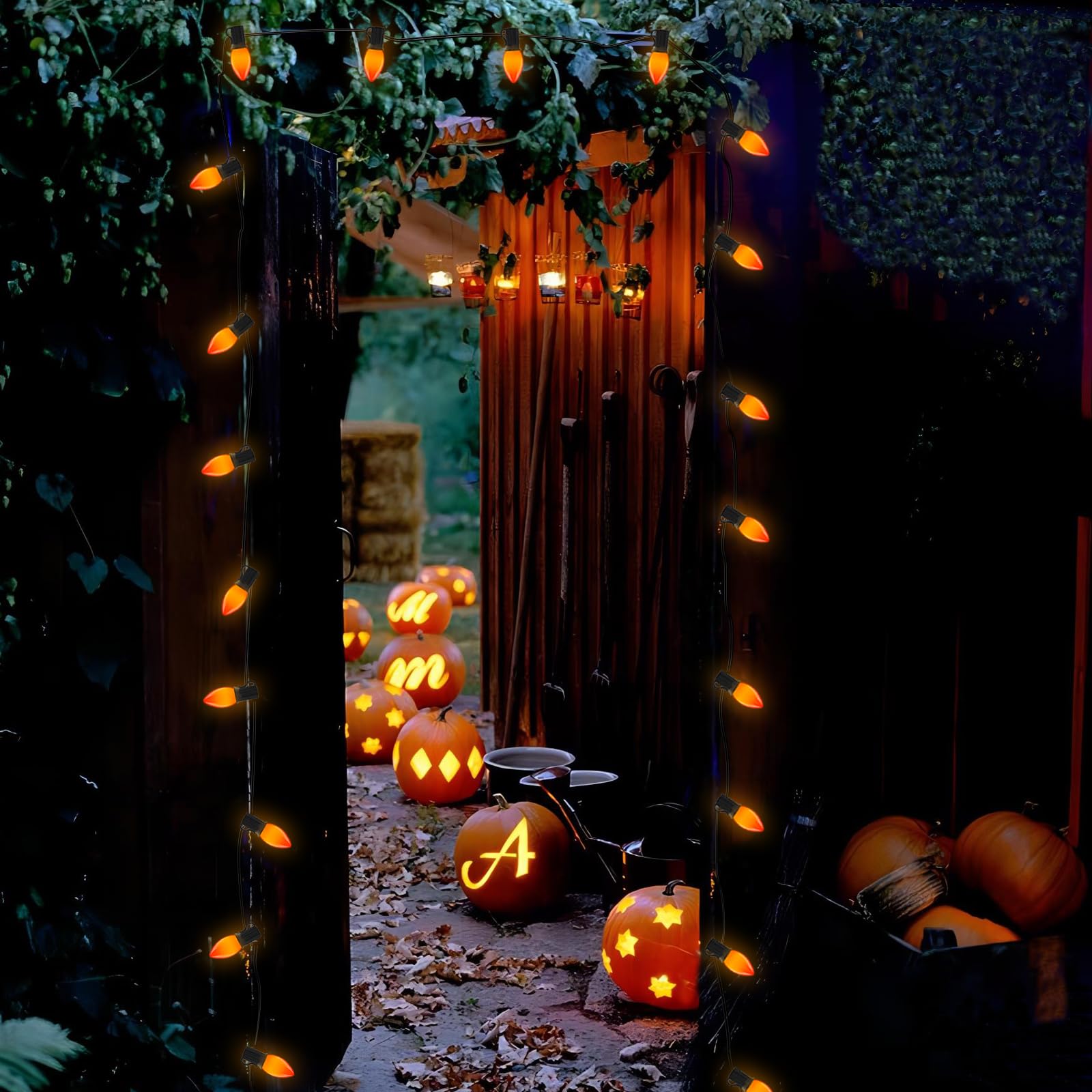 SUNSGNE C9 LED String Lights - 25FT Halloween Outdoor Lights with 27 Orange Bulbs, Black Wire, Model ULP(9)-LR(20)(0.6W)