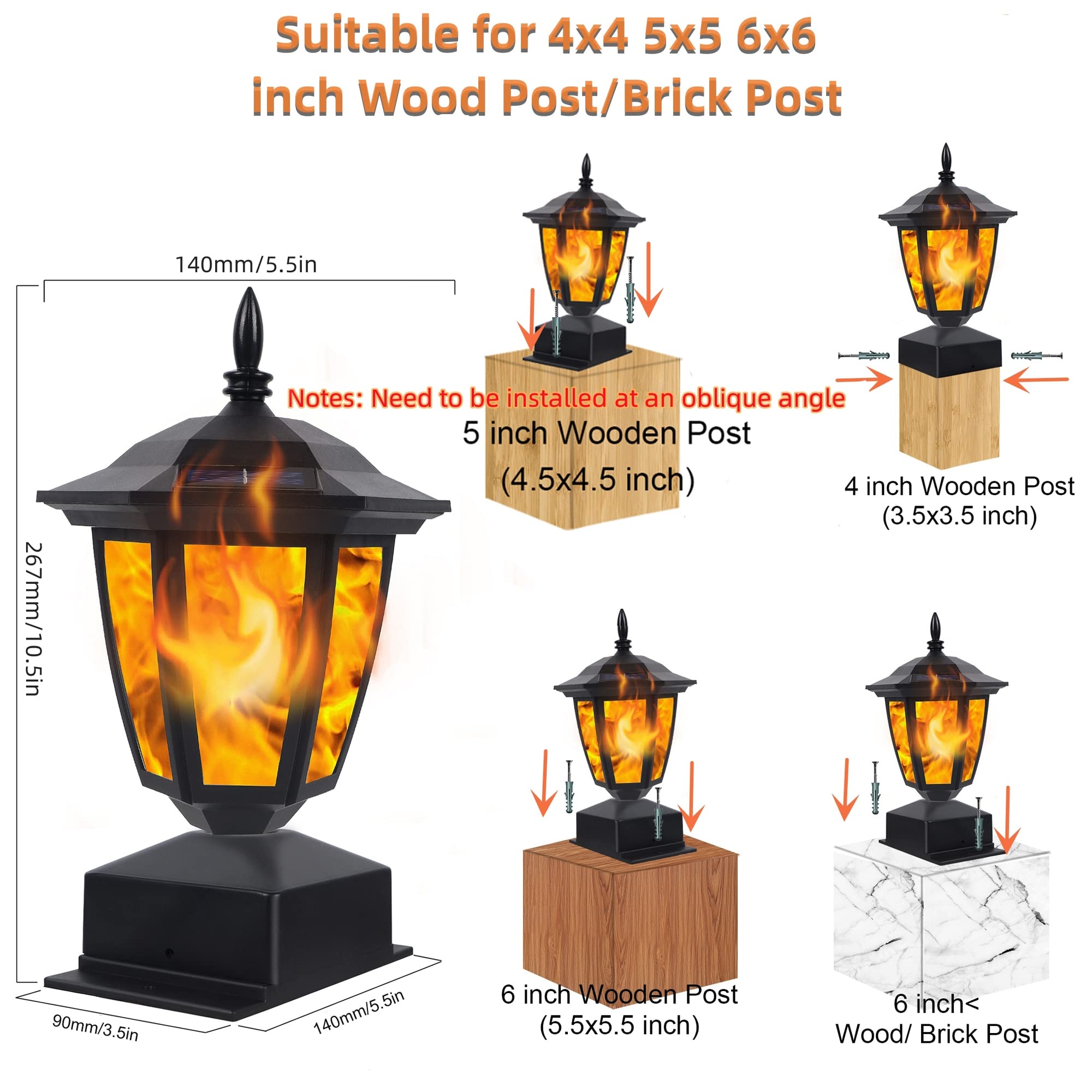Dynaming Solar Flame Post Lights, Flickering LED Lanterns, Waterproof for Garden Deck Patio, 4 Pack, Black, Model ZTD23216-4