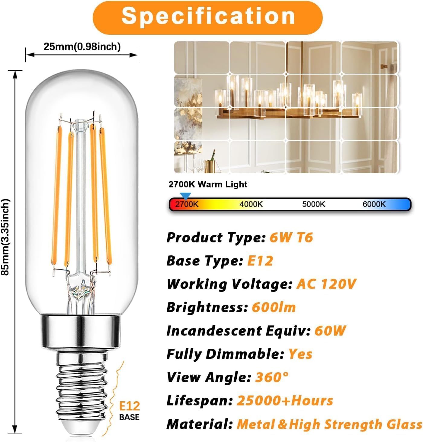 E12 Candelabra Edison Bulbs 60 Watt Equivalent, T6 6W Dimmable Led Light Bulbs For Chandelier, 600Lm 2700K Warm White Clear Vint