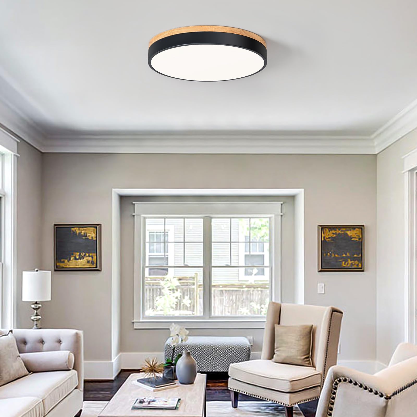 Vikaey Modern Wood Led Ceiling Light Fixture, Simple Black Flush Mount Ceiling Lights, 4000K Circle Ceiling Fixtures For Living