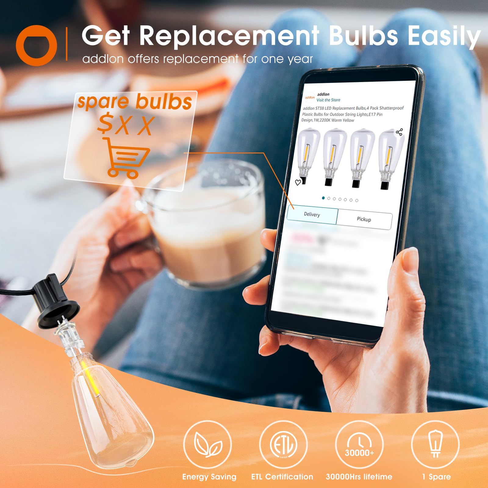 Addlon 25Ft Led Outdoor String Lights Waterproof Patio Lights With 9 Shatterproof St38 Replaceable Bulbs(1 Spare), Dimmable Outs