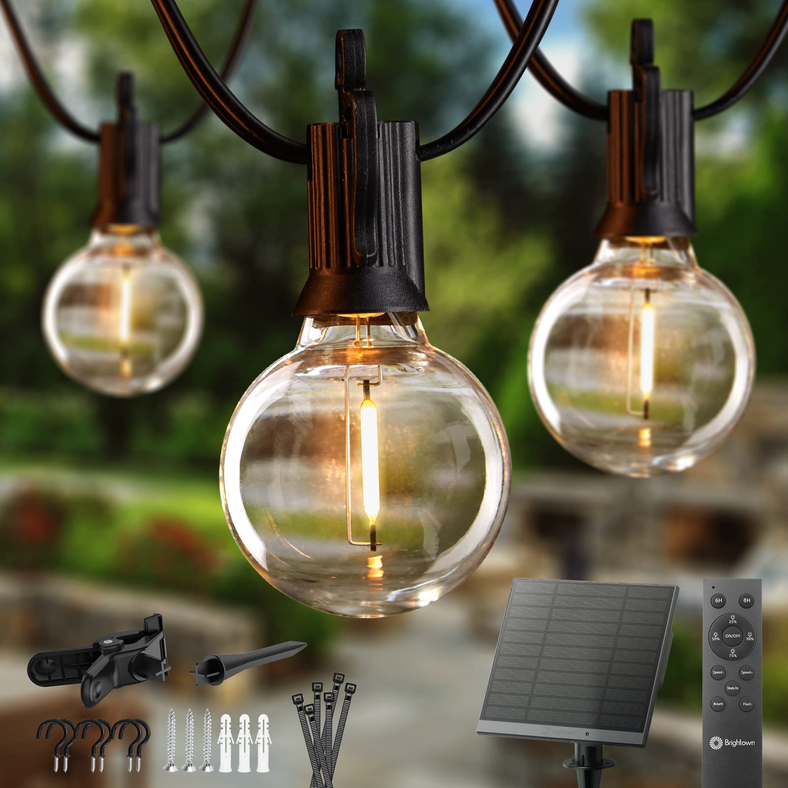 Brightown 58FT Solar String Lights with Remote, 26 Shatterproof LED Bulbs, Black Wire, Perfect for Outdoor Parties and Decor