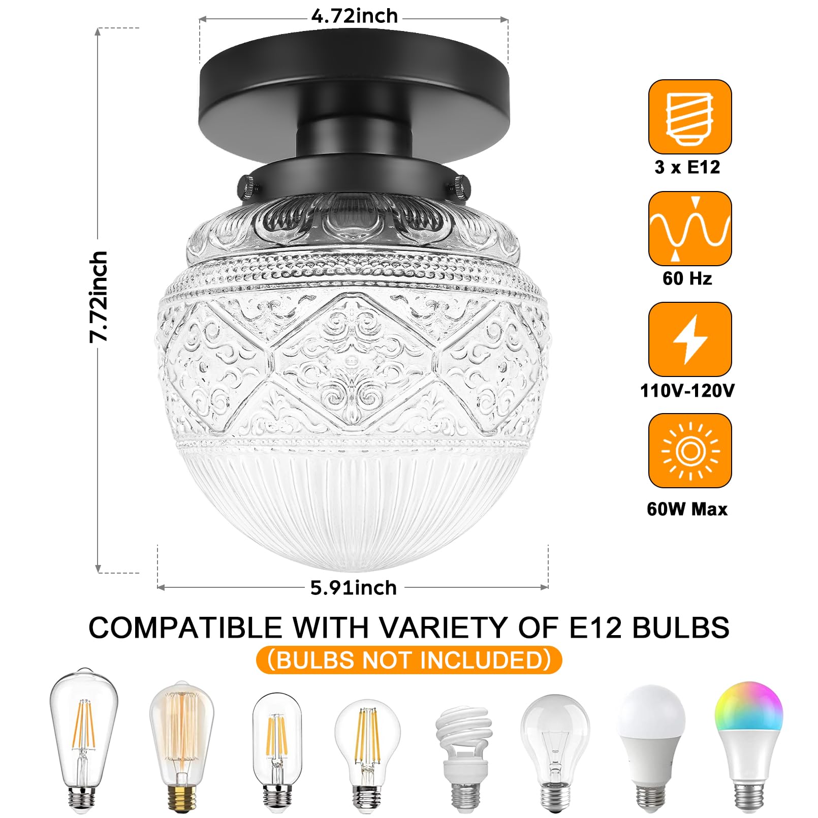 Apoto 2 Pack Semi Flush Mount Ceiling Light Fixture Black,Small Hallway Light Fixtures Ceiling,Vintage Globe Glass Close To Ceil