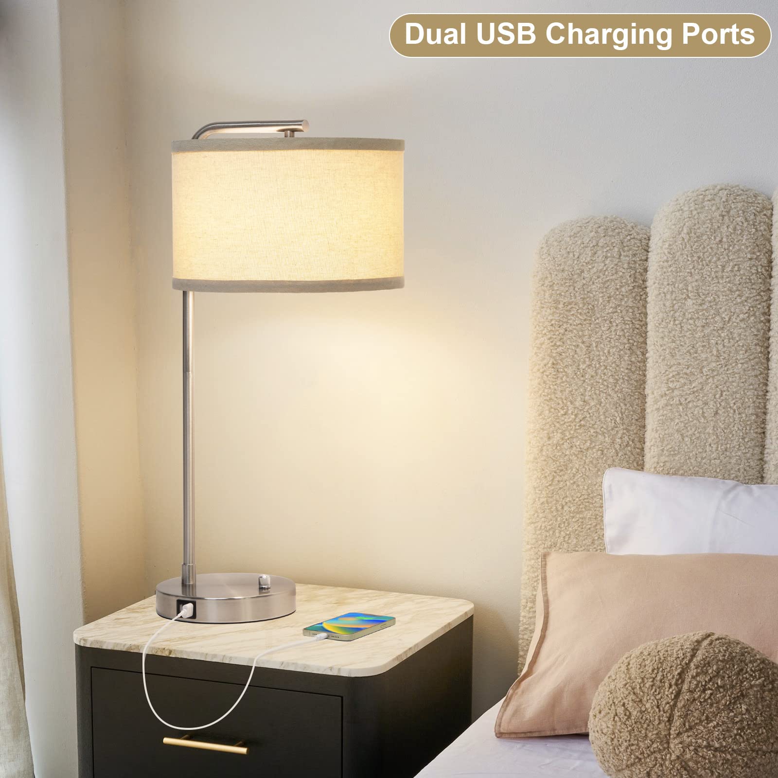 Table Lamp For Living Room, Modern Bedside Lamp With Dual Usb Ports, Fully Dimmable Nightstand Lamp With Beige Drum Shade, Silve