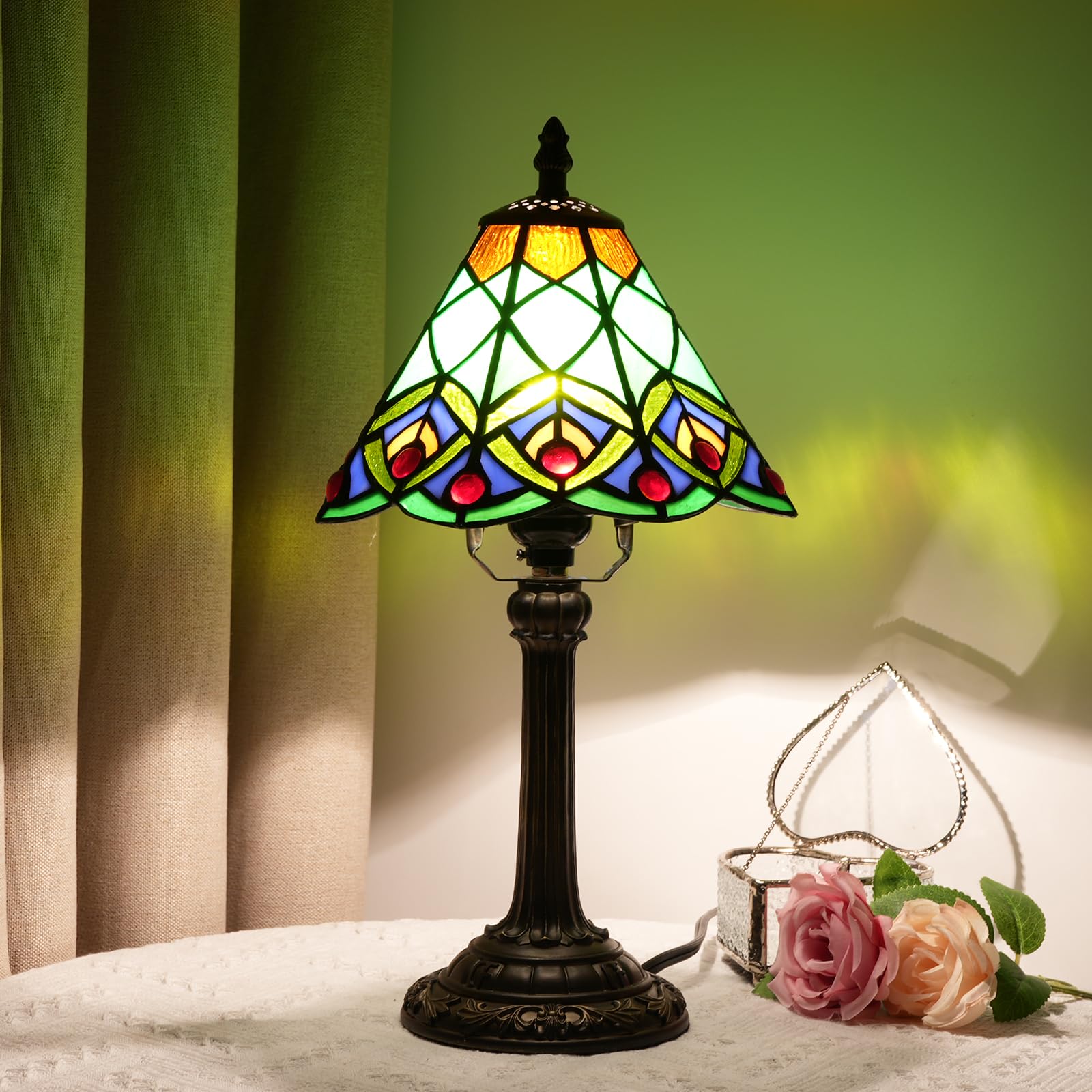 Green Small Tiffany Lamp Stained Glass Table Lamp Peacock Tail Bedroom Bedside Light For Living Room Dormitory Bar Retro Style U