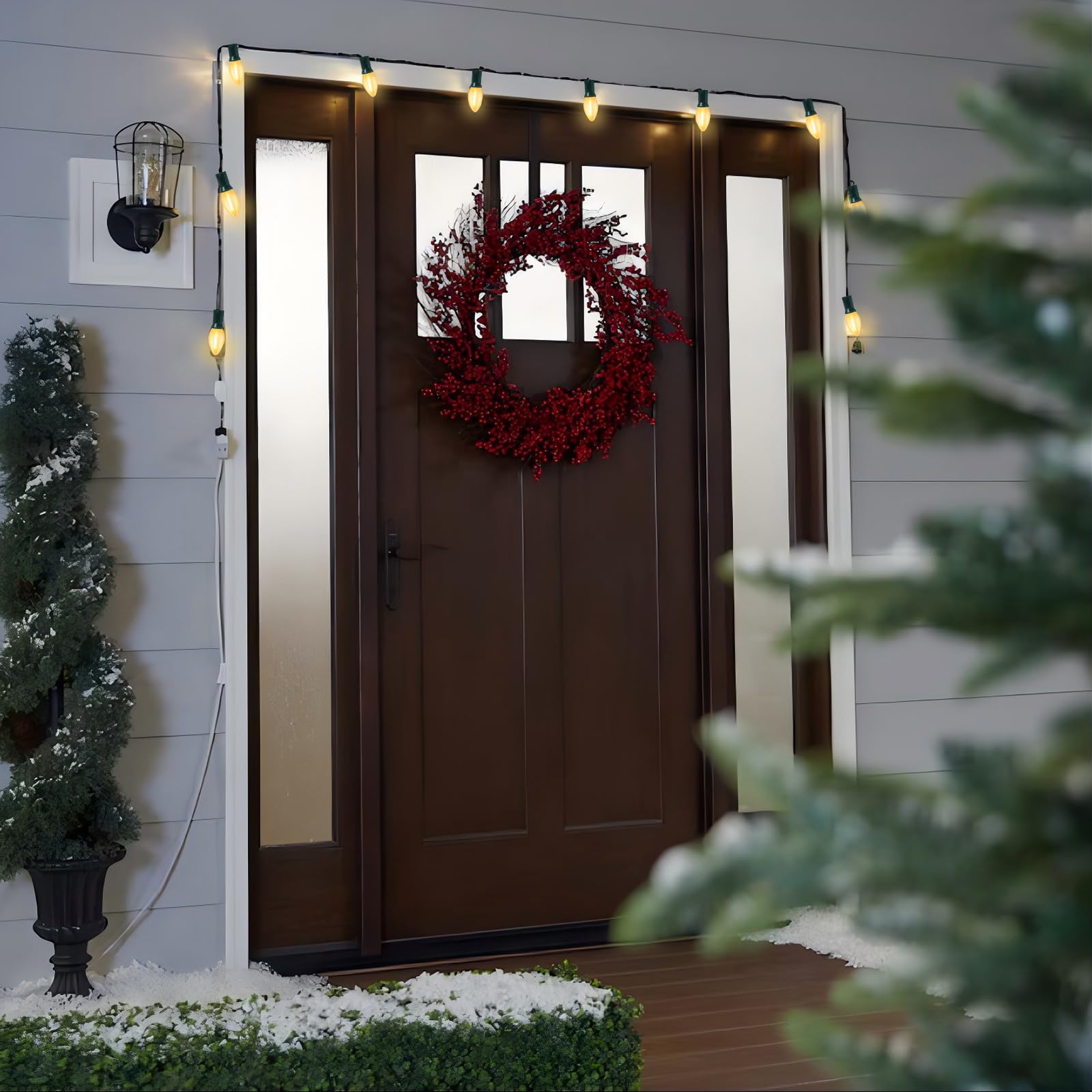 C7 Led Outdoor Frosted White String Lights, 25Ft Led Outdoor Christmas Lights With 27 Clear Shatterproof Bulbs, Hanging Outdoor