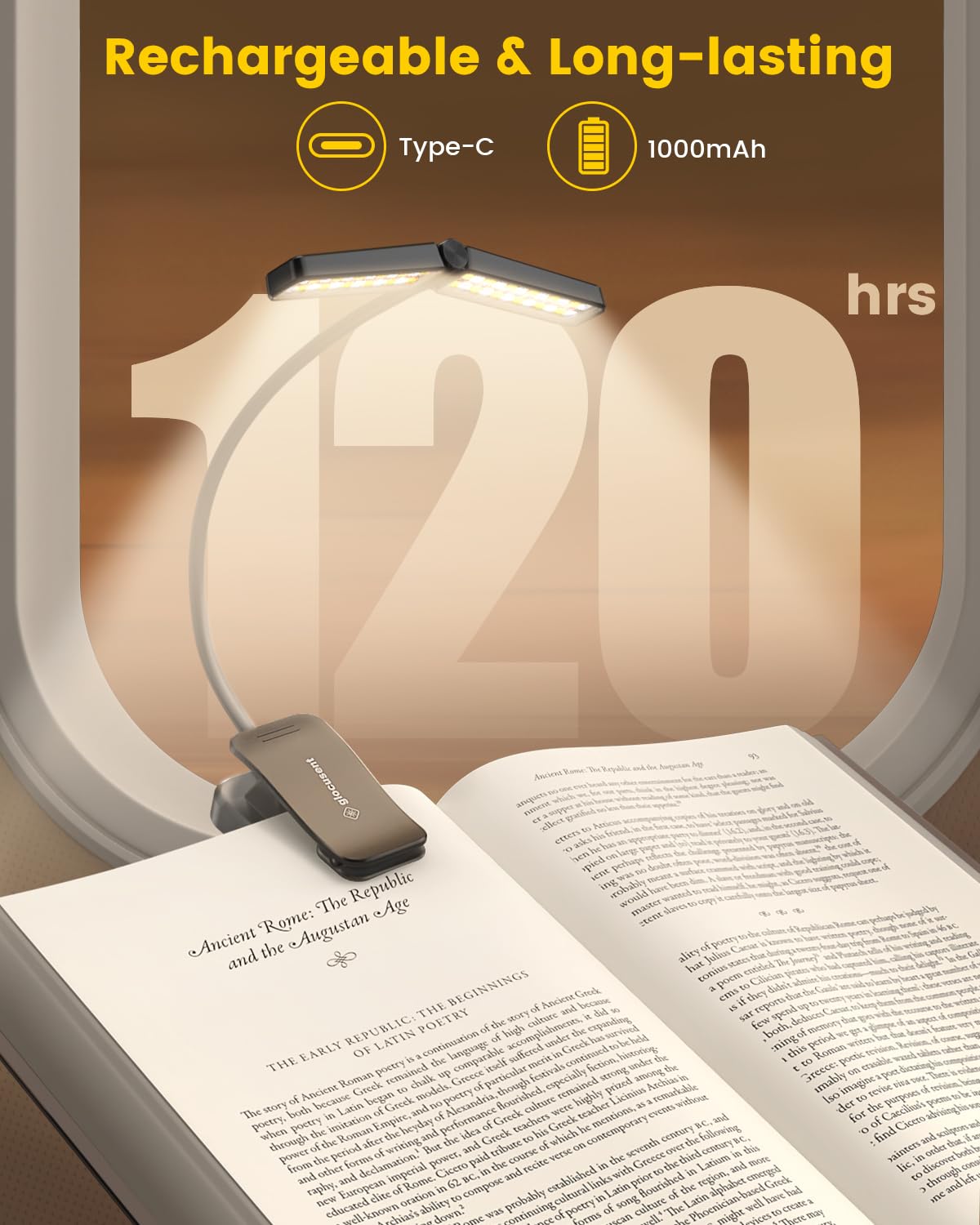 Glocusent Wingy Book Light, 48 Led Reading Light With Timer & Sleep Aid, 2-Switch, 5 Brightness & 3-Color Adjust, Rechargeable C
