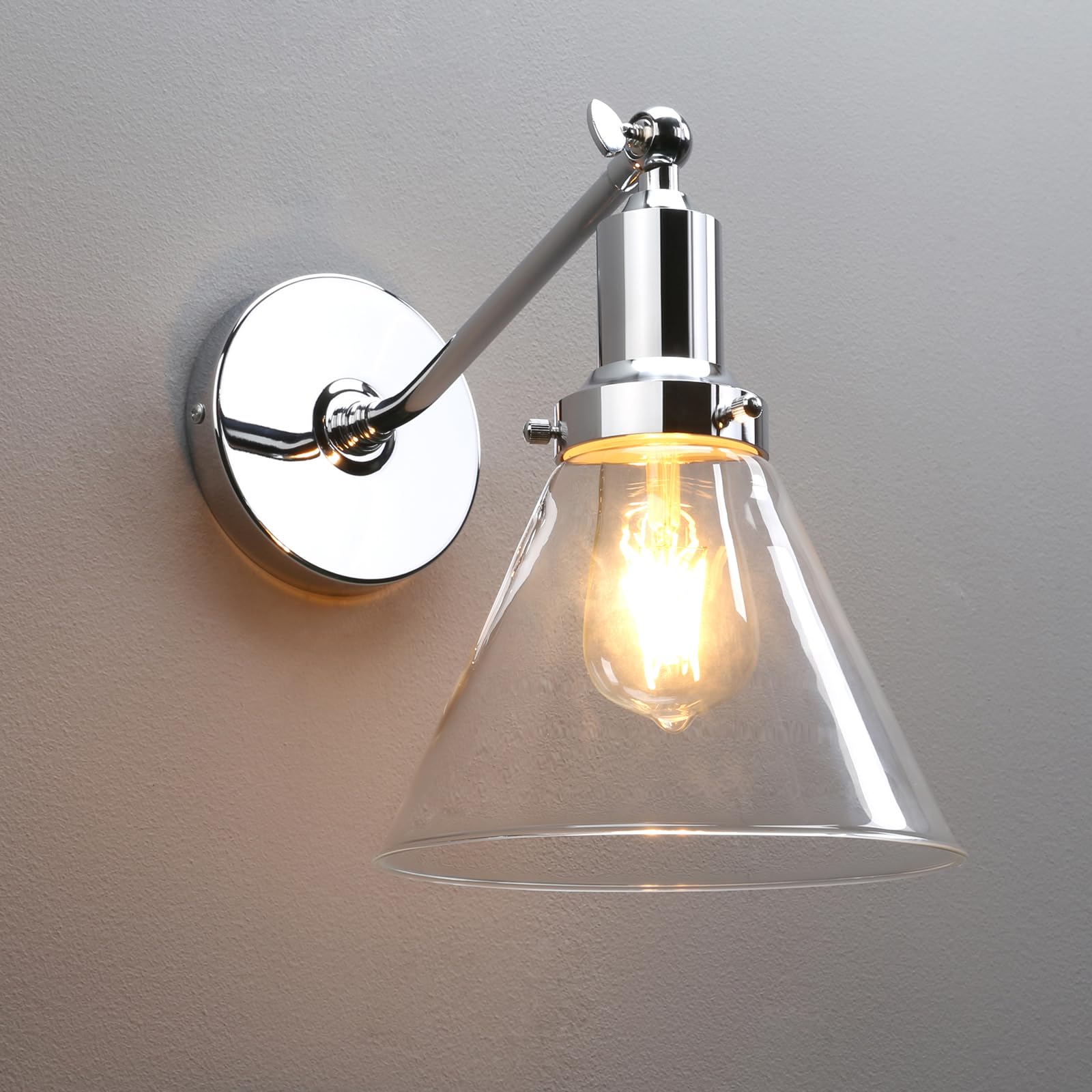 PERMO Industrial Vintage Wall Sconce Light Fixture, Funnel 1-Light, Hardwired, Chrome, Model Y410, Metal Construction