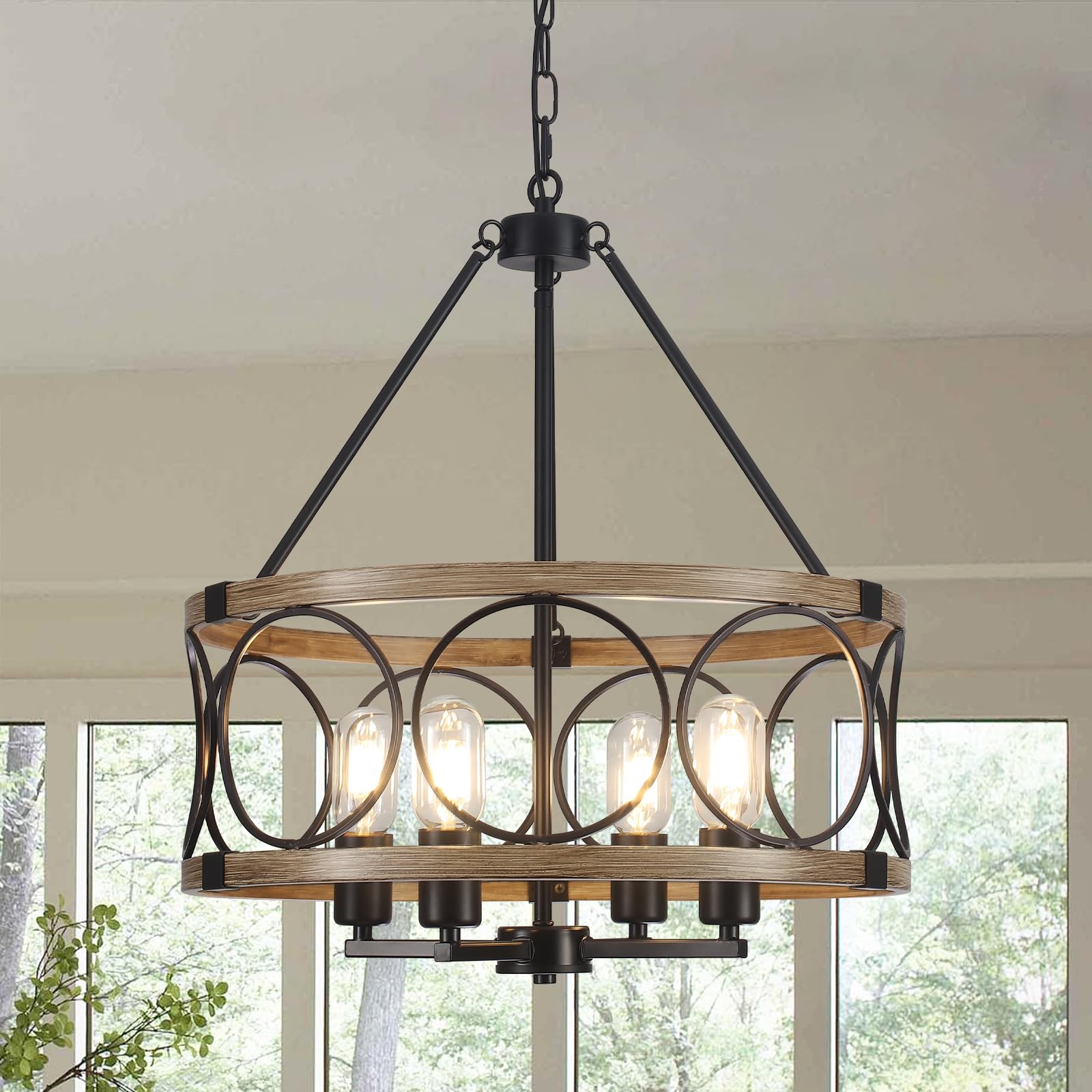 SLBWQ 4-Light Farmhouse Chandelier, Rustic Faux Wood Chandeliers Dining Room Light Fixture, Round Pendant Light, Hanging Kitchen