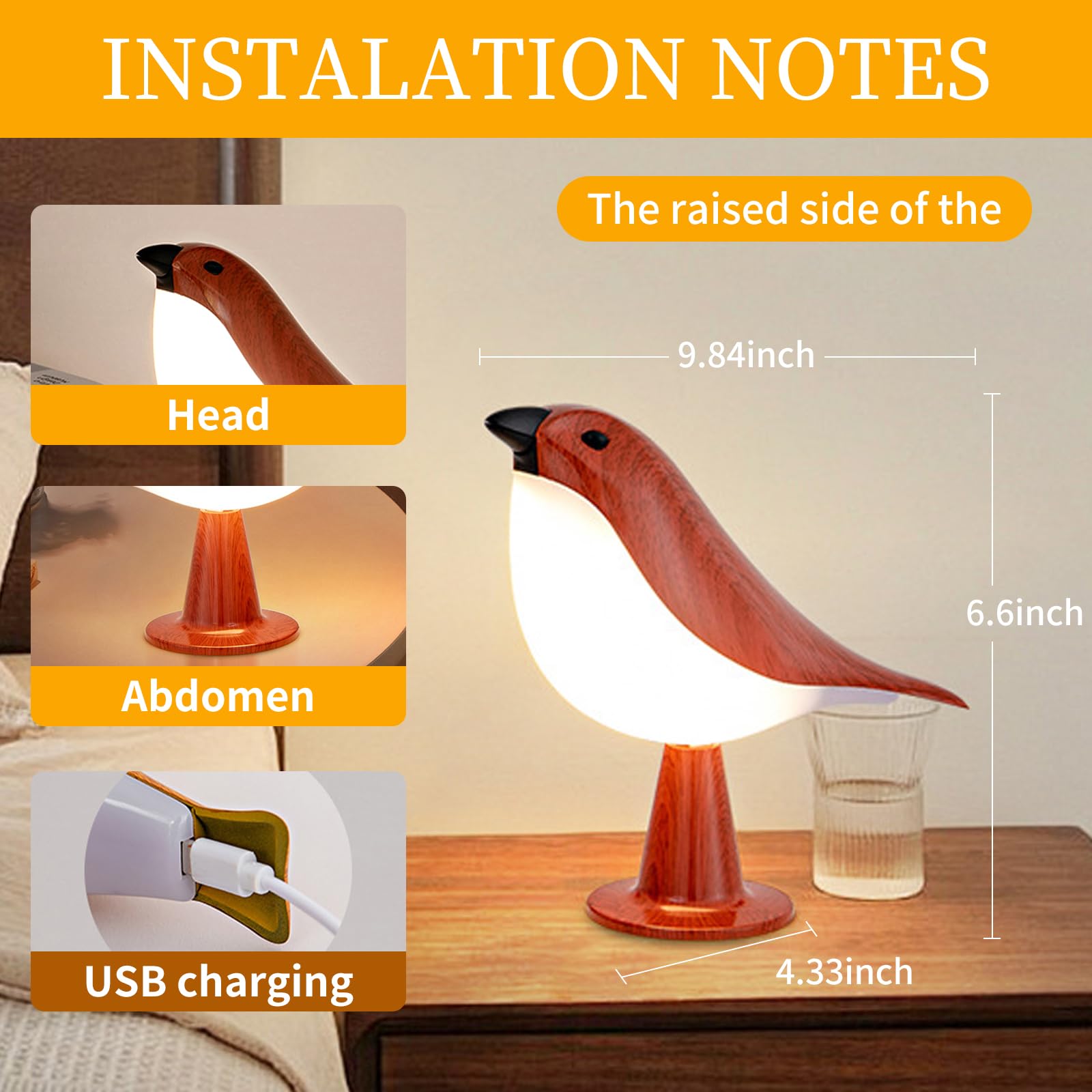 Bird Night Lamp With Sound,Cordless Small Table Lamps With 3 Color Temperature,Portable Rechargeale Outdoor Night Light With Rem