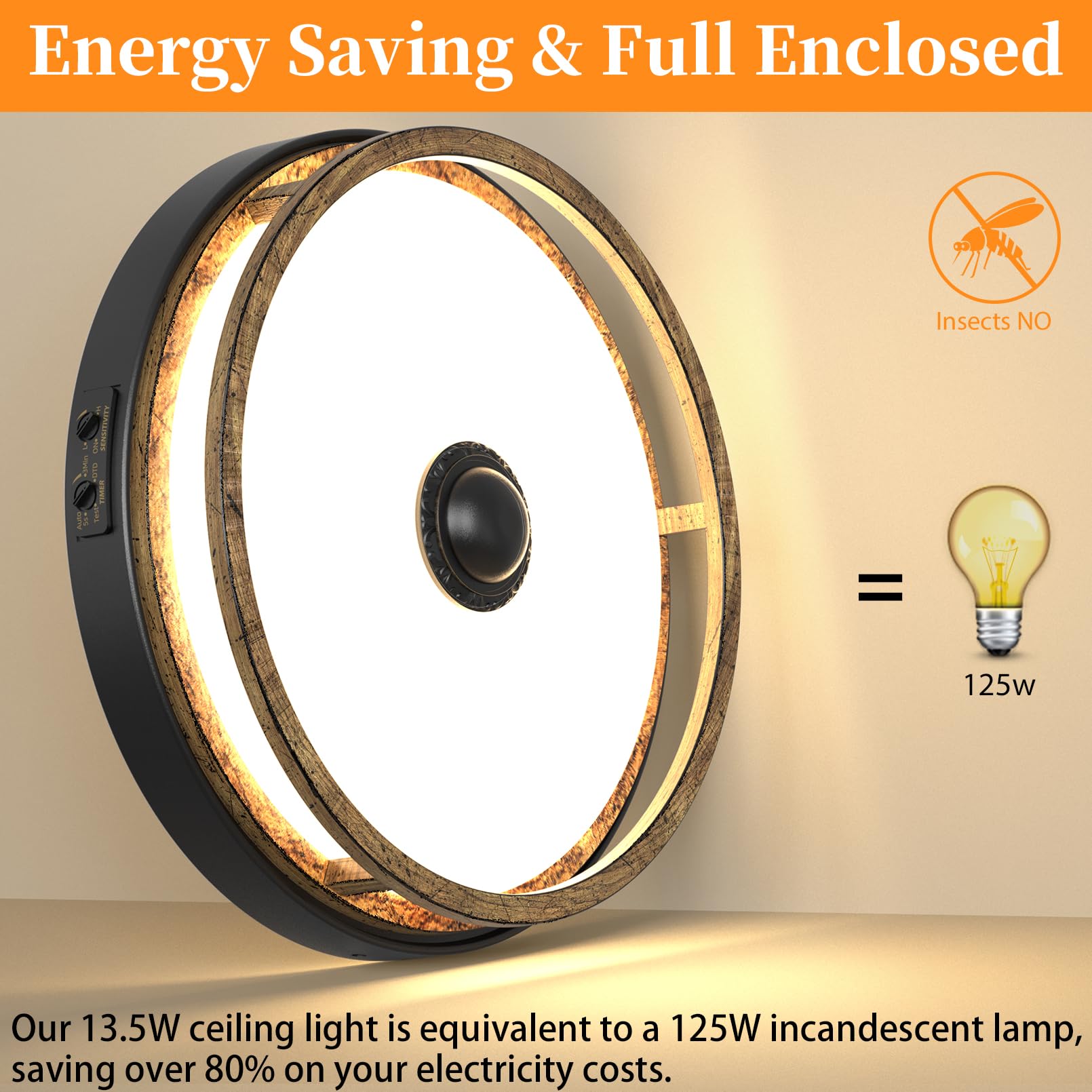 OYKYOHEI Motion Sensor Outdoor Ceiling Light - 12" Brown LED Flush Mount, 2 Pack Rustic Porch Lights for Entryway, Garage