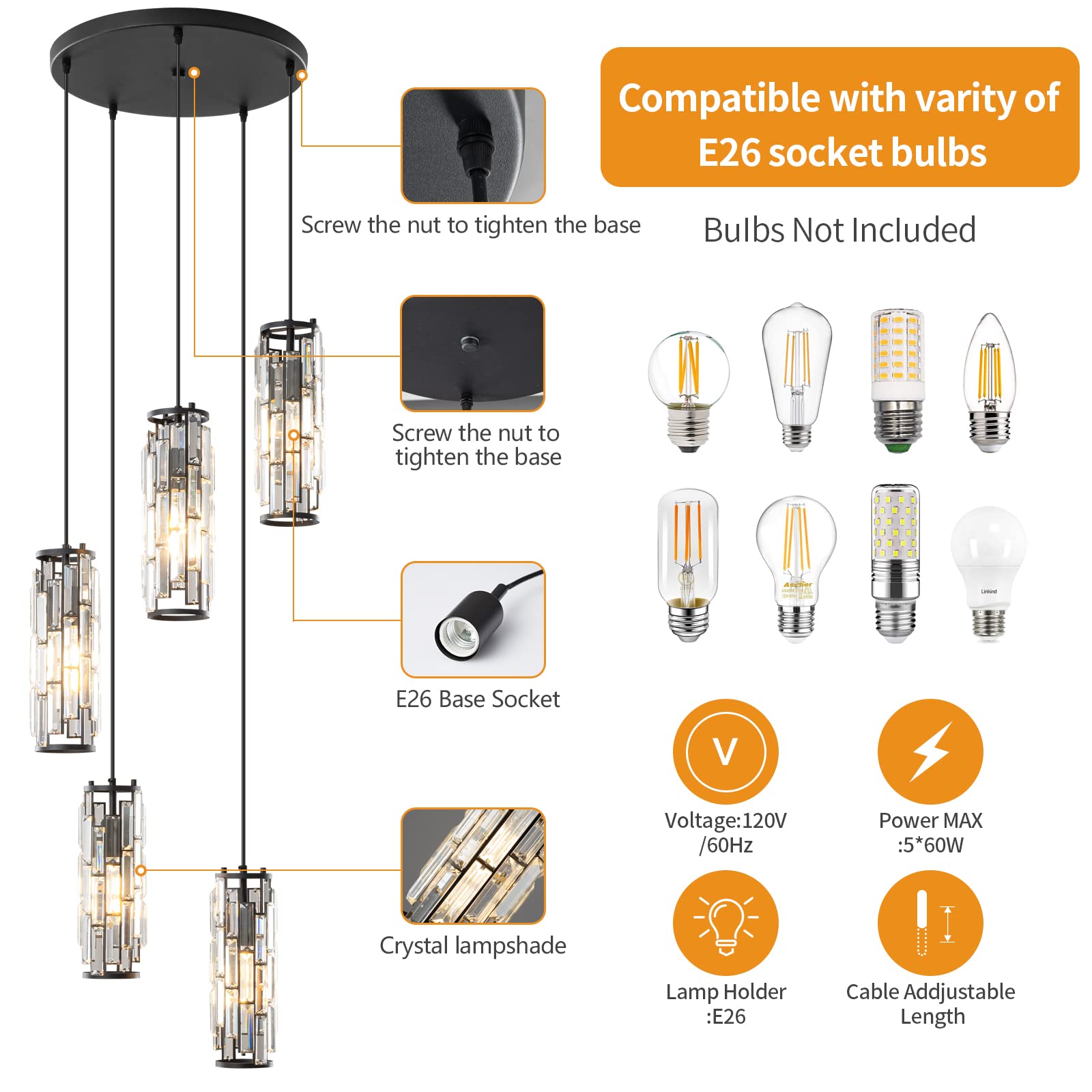 Lmqnine 5-Light Black Modern Pendant Light, Adjustable Mini Crystal Chandelier For Dining Room