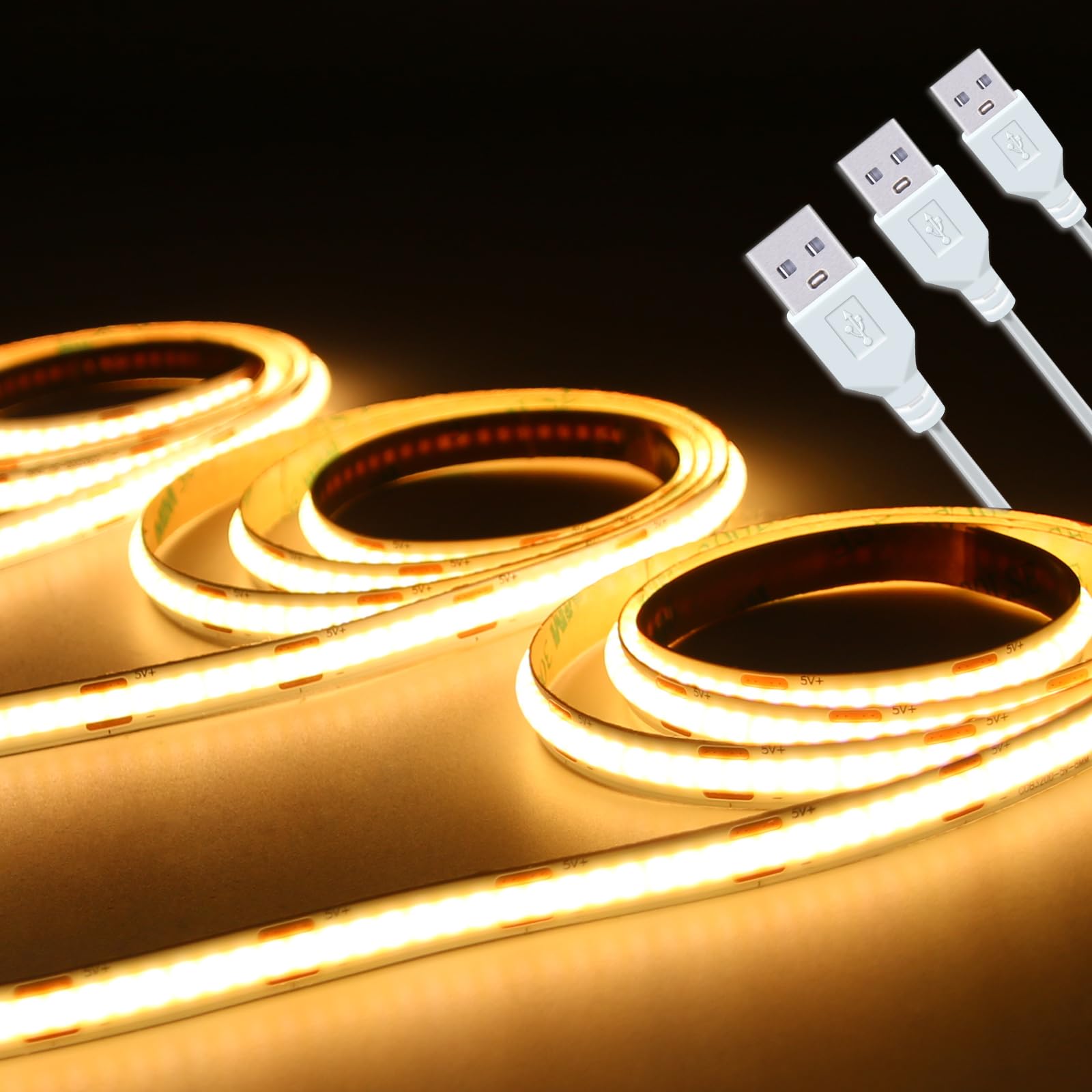 UVTaoYuan Led Strip Lights 5V USB LEDs COB LED Strip Light 3Pack 3000K Warm White Flexible Not Dimmable USB led Lights for Indoo