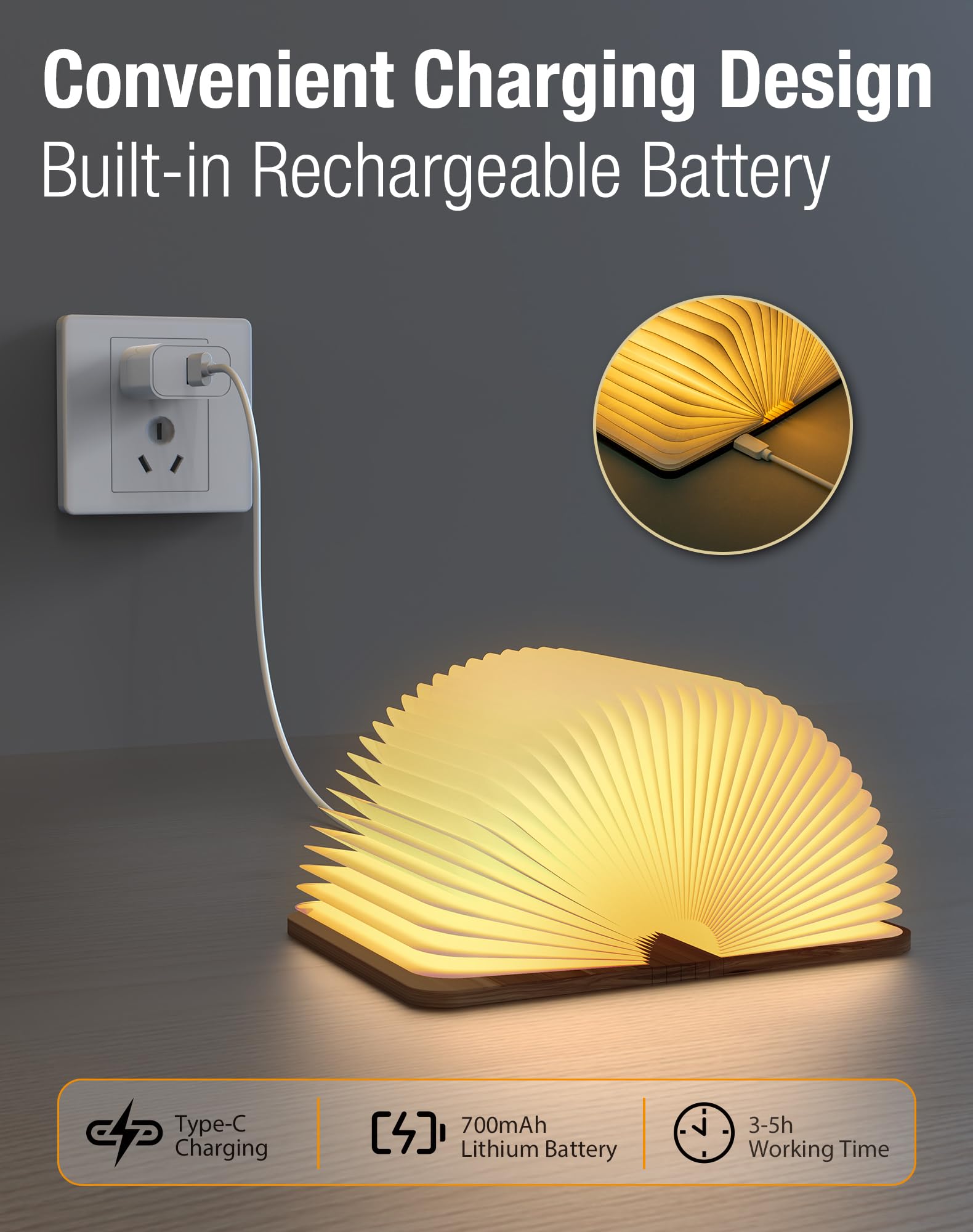 ZBOLE Wooden Book Lamp, 4.7 Inch, LED Ambient Lighting, Battery Operated, Magnetic Mood Light, Small, Maple, Model MC-011