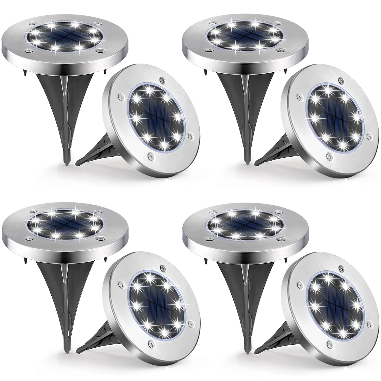 Ufond 8 Pack Solar Ground Lights, Outdoor Waterproof Solar Garden Disk Lights For Patio Pathway Yard, Landscape Lighting (Cold W