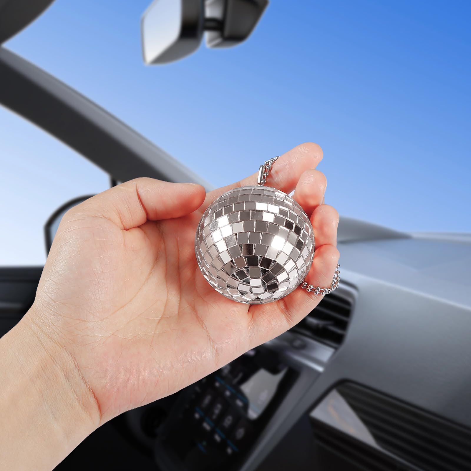 Disco Ball Car Accessory,Mirror Disco Ball Hanging,Car Disco Ball,Disco Car Charm, Rear View Mirror Hanging Accessories (Silver(1.9Inch))