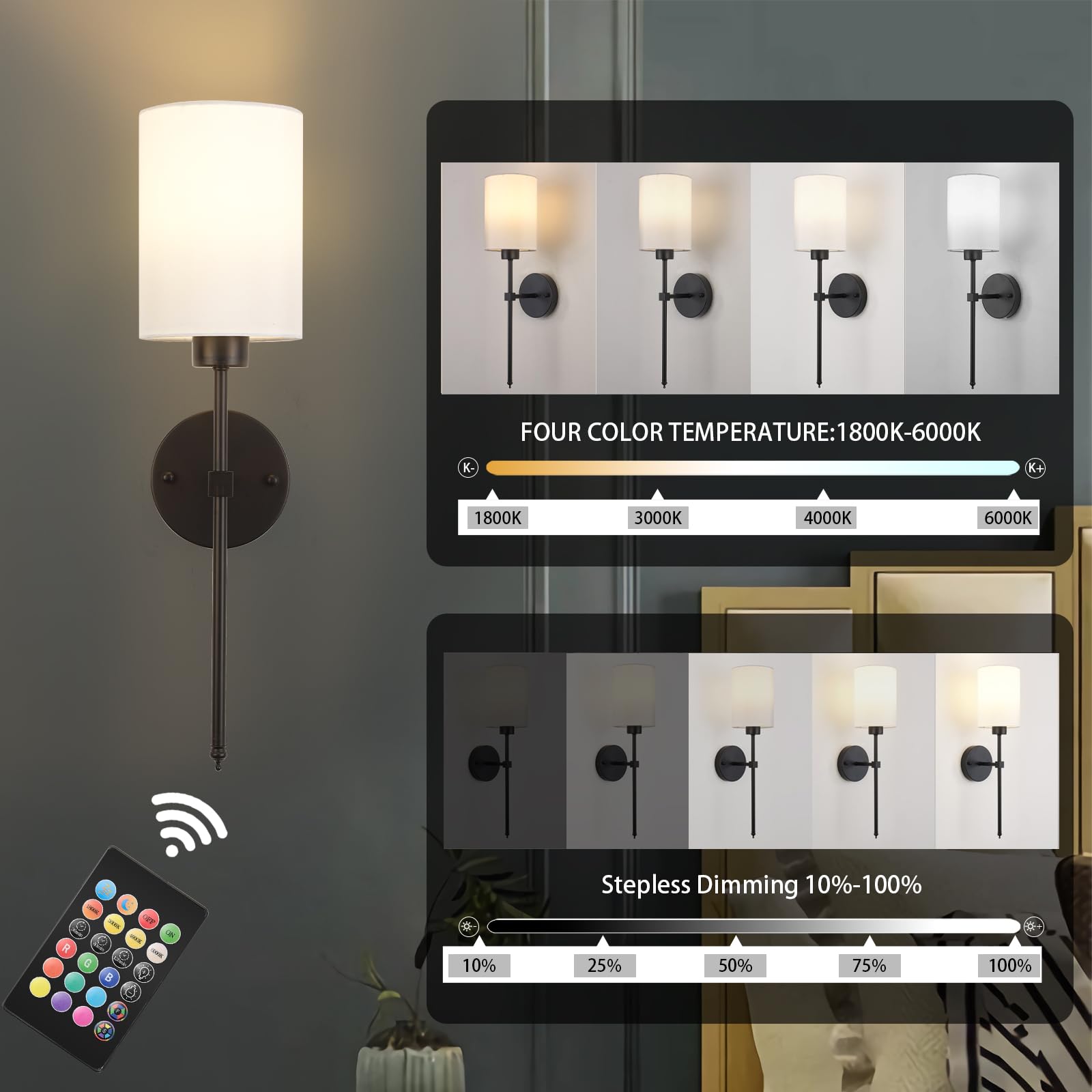 KARTOOSH Battery Operated Wall Sconces, Wireless Rechargeable, Dimmable, 20.6 Inch, Black, Model ZM213B