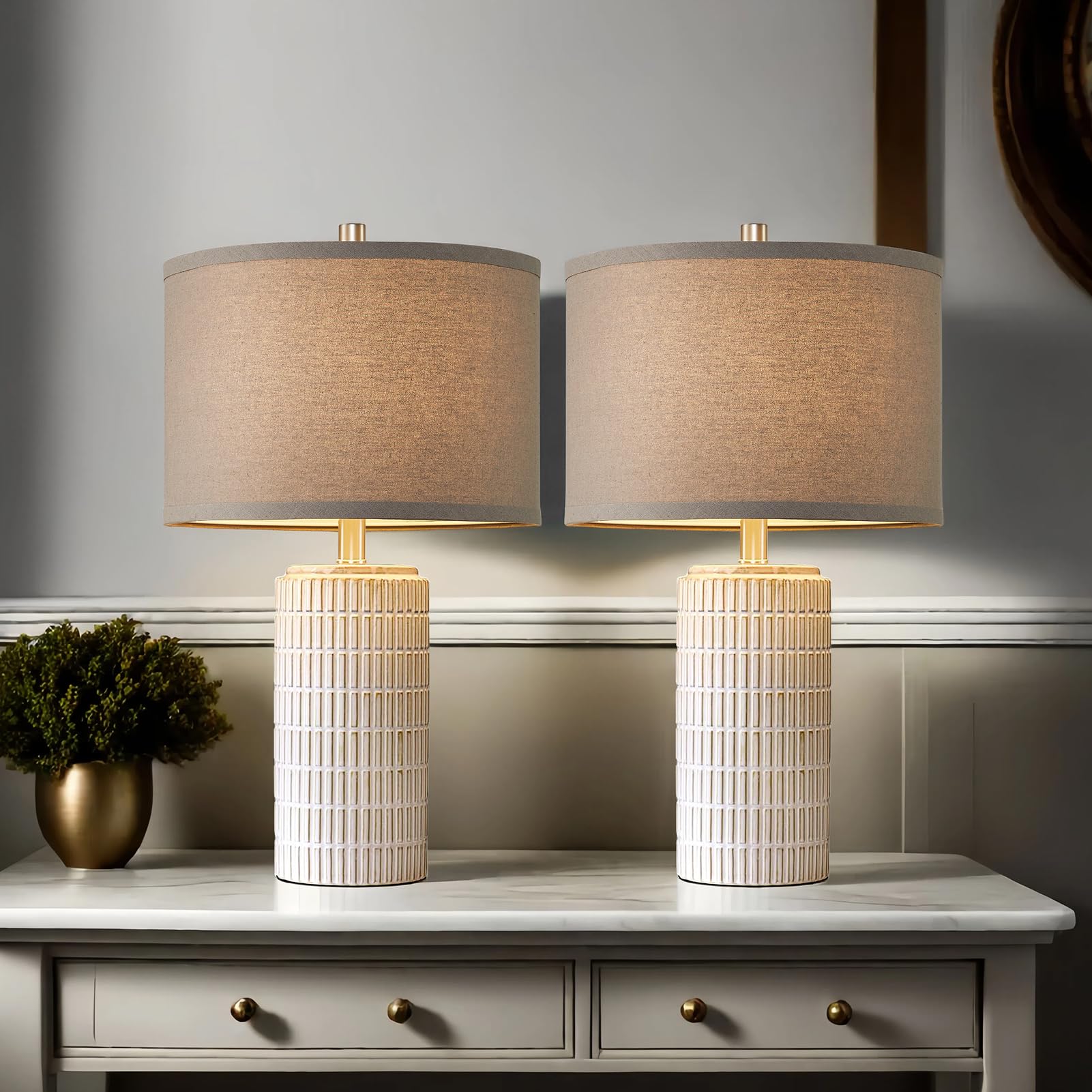 Aieampdo 23'' Set Of 2 Ceramic Table Lamps, Farmhouse Bedside Lamp For Bedroom Living Room Nightstand Entryway, Side Table Lamps