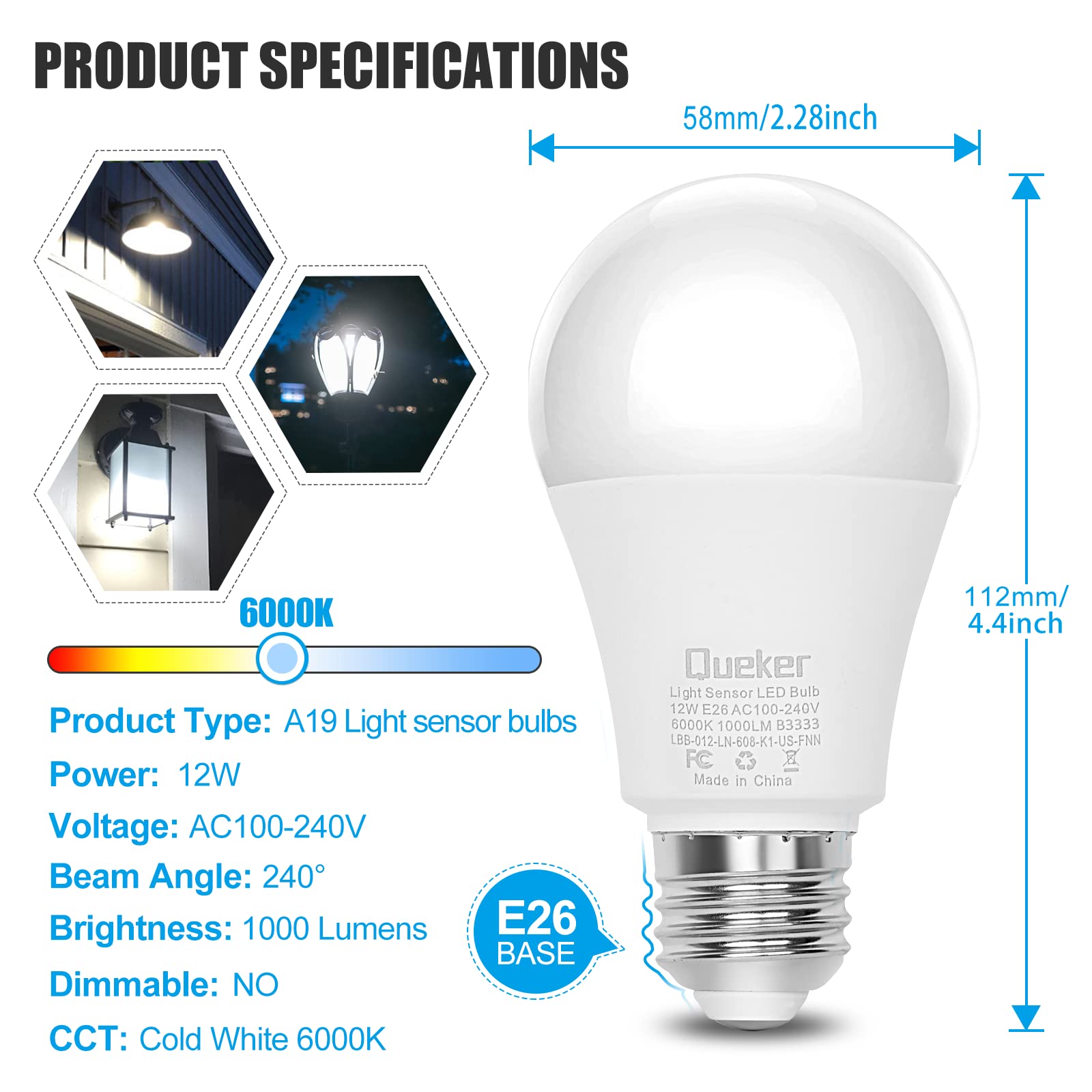 6 Pack Dusk To Dawn Light Bulbs Outdoor 6000K Cool White Sensor Bulbs, 12W (100 Watt Equivalent) Auto On Off Photocell Sensor, E