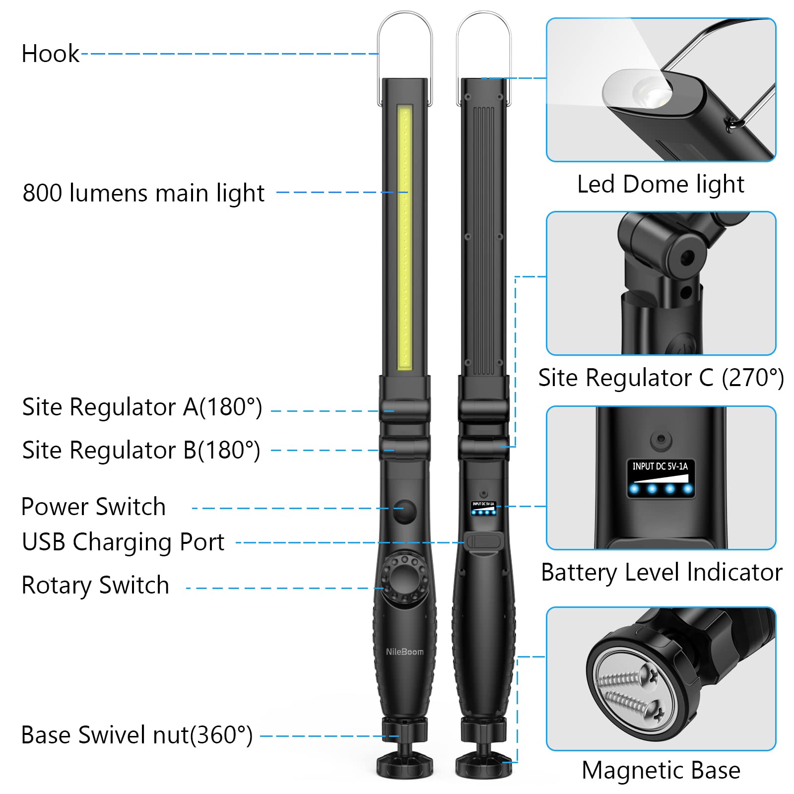 Nileboom Led Work Light,800 Lumens Foldable Rechargeable Cob Work Light With Magnetic Base& Hook, 360°Swivel Flashlight, Usb Cable For Car Repair, Home, Garage, Emergency And Outdoor Camping, 3000Mah
