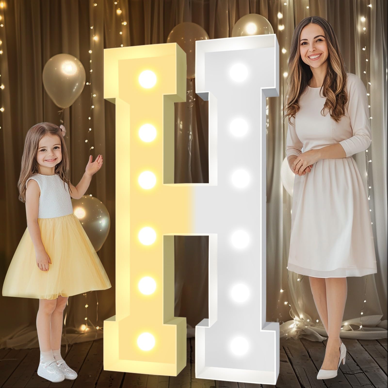 Pooqla Marquee Light Up Letter H, 4FT Tall LED Sign, Cool & Warm White, Polypropylene, Model 4FT-FXDJ 2W-H