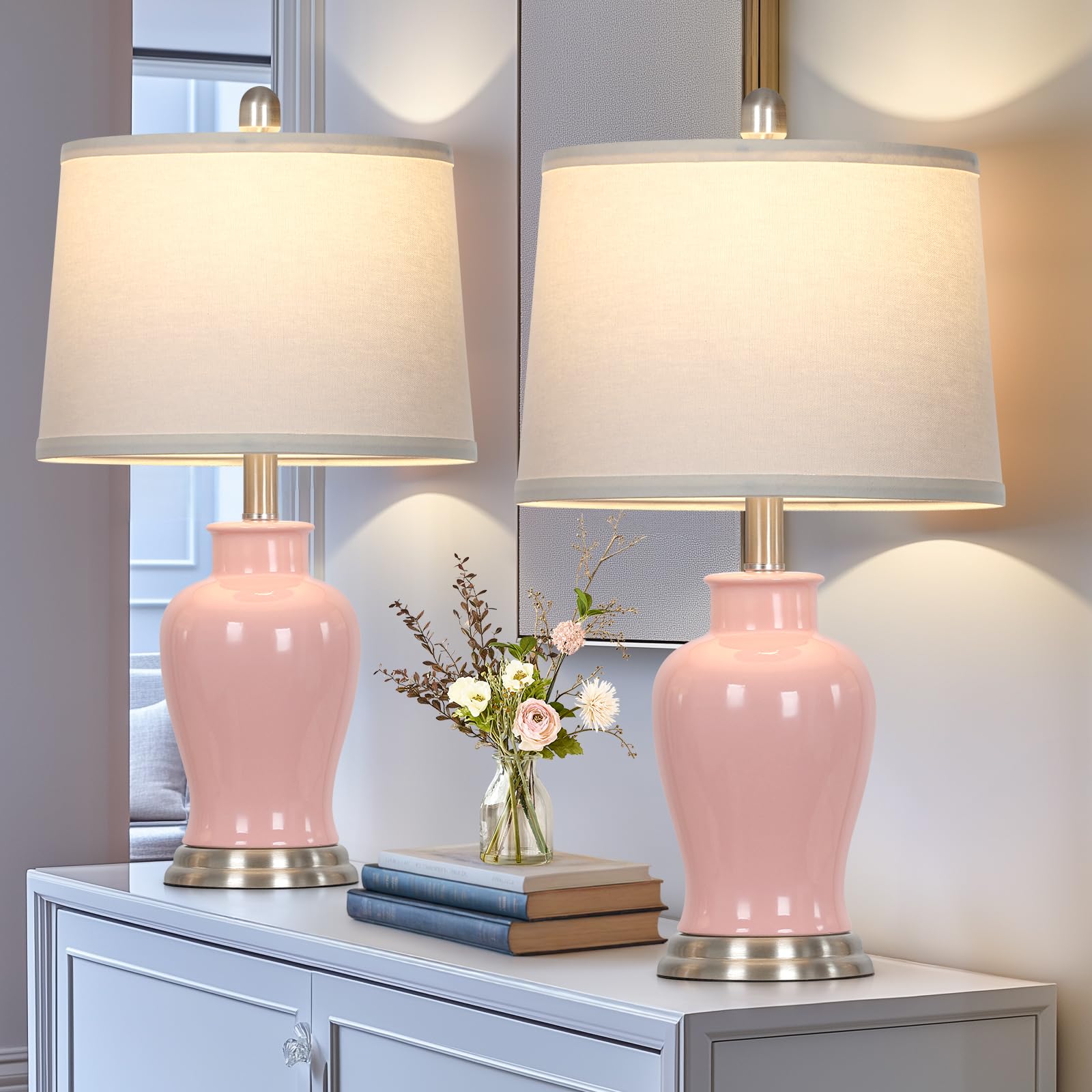 23'' Ceramic Table Lamps Set Of 2, Modern Ceramic Lamps For Living Room, Cute Bedside Lamps With Ginger Jar Design, Elegant Bedr