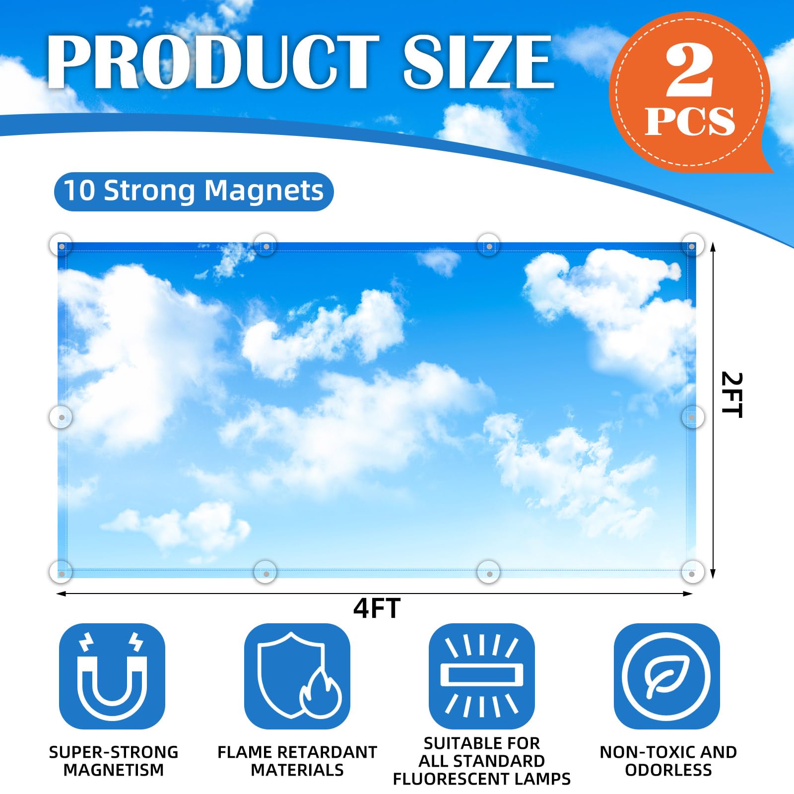 ANGSYLTH Fluorescent Light Covers - Magnetic Filters, 4x2 Feet, 2 Pack, Blue Skies & White Clouds