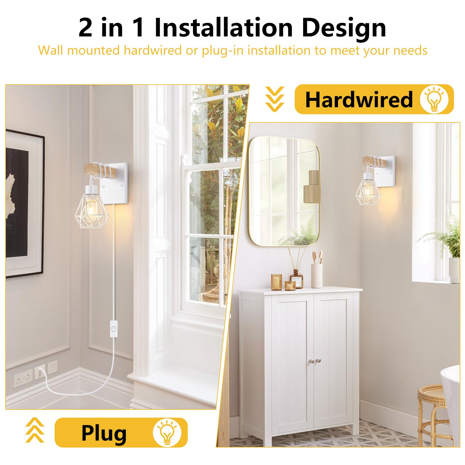 Lomoky Modern White Plug-In Wall Sconces Set of Two, Wooden & Metal, 5.25FT Cord, Industrial Lighting for Living Room & Hallway